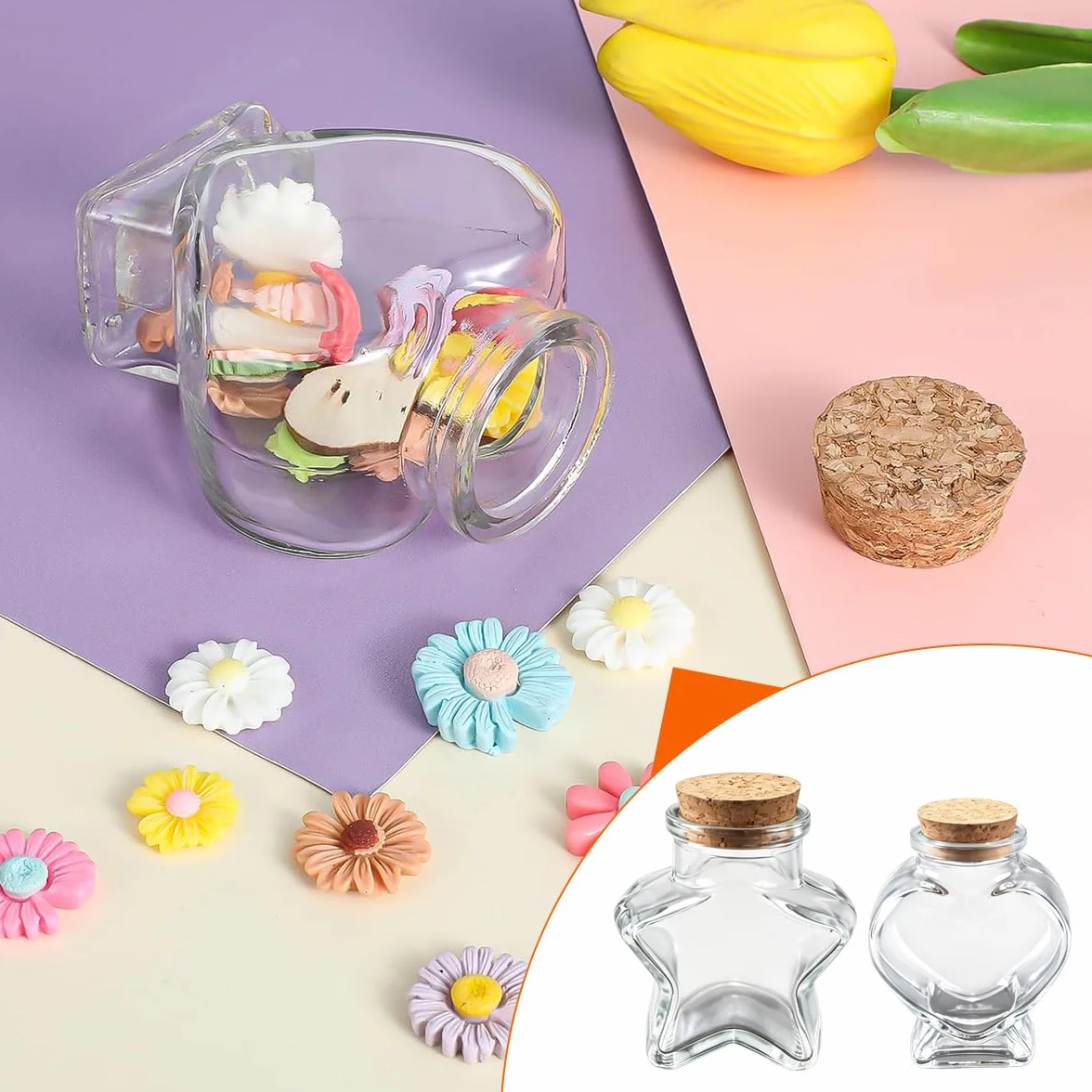 Huba 2 tarros decorativos en forma de corazón, pequeñas botellas de cristal decorativas con tapa de corcho para manualidades, decoración