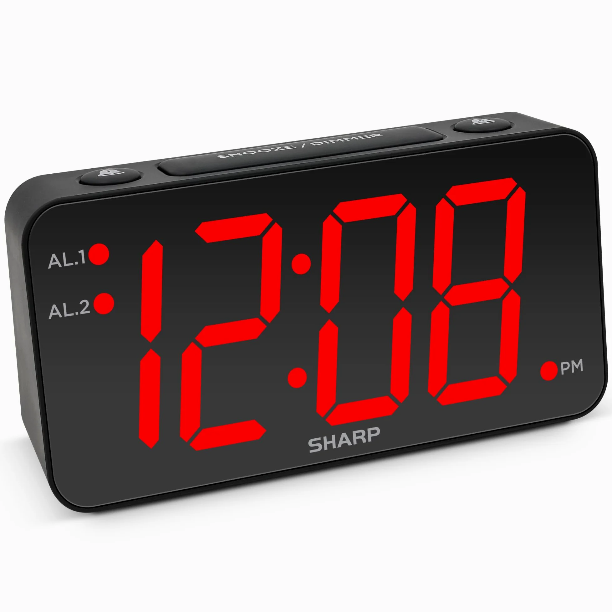 Sharp Reloj Despertador Digital con números Gigantes, fácil de Ver, Grande en Cualquier Lugar, operación Simple, batería de Respaldo, Caja Negra, Pantalla LED roja