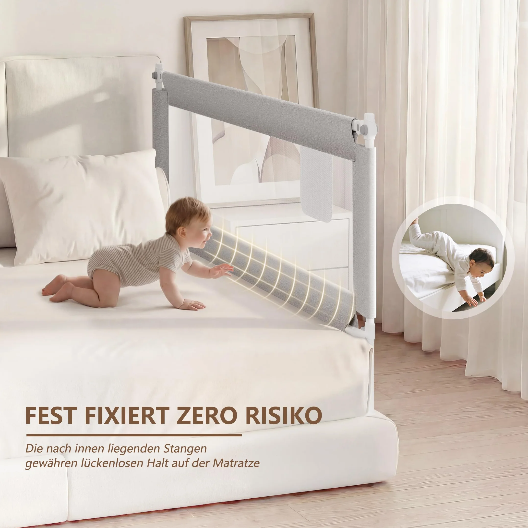 Barandilla de Cama para Bebés, Barrera de Cama para Niños Colchón Doble, Tamaño Completo Queen y King, Gris, 190cm, 1 Lado
