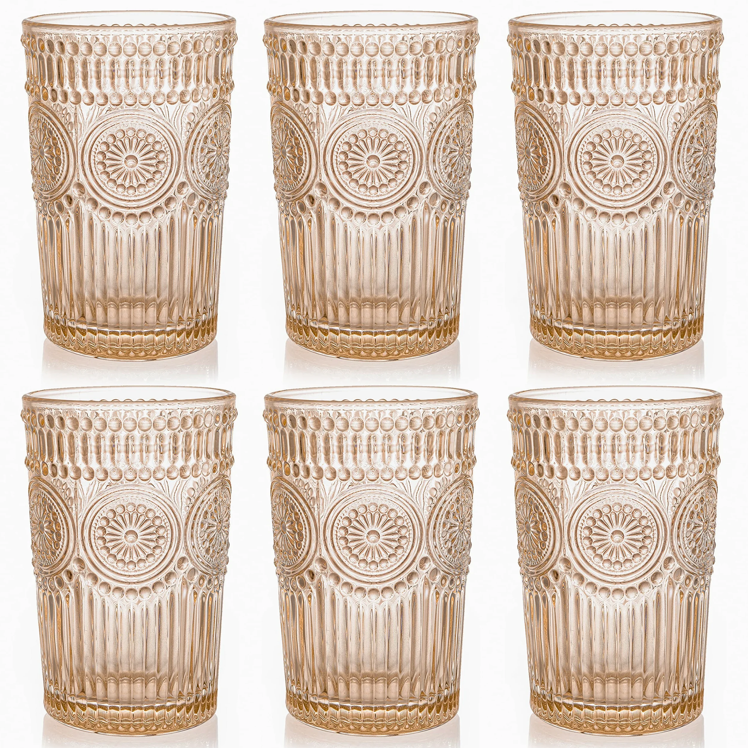 Kingrol Paquete de 6 vasos de colores de 12 onzas, juego de cristalería premium para agua, jugo, bebidas, cóctel, diseño romántico en relieve, para bodas, uso diario