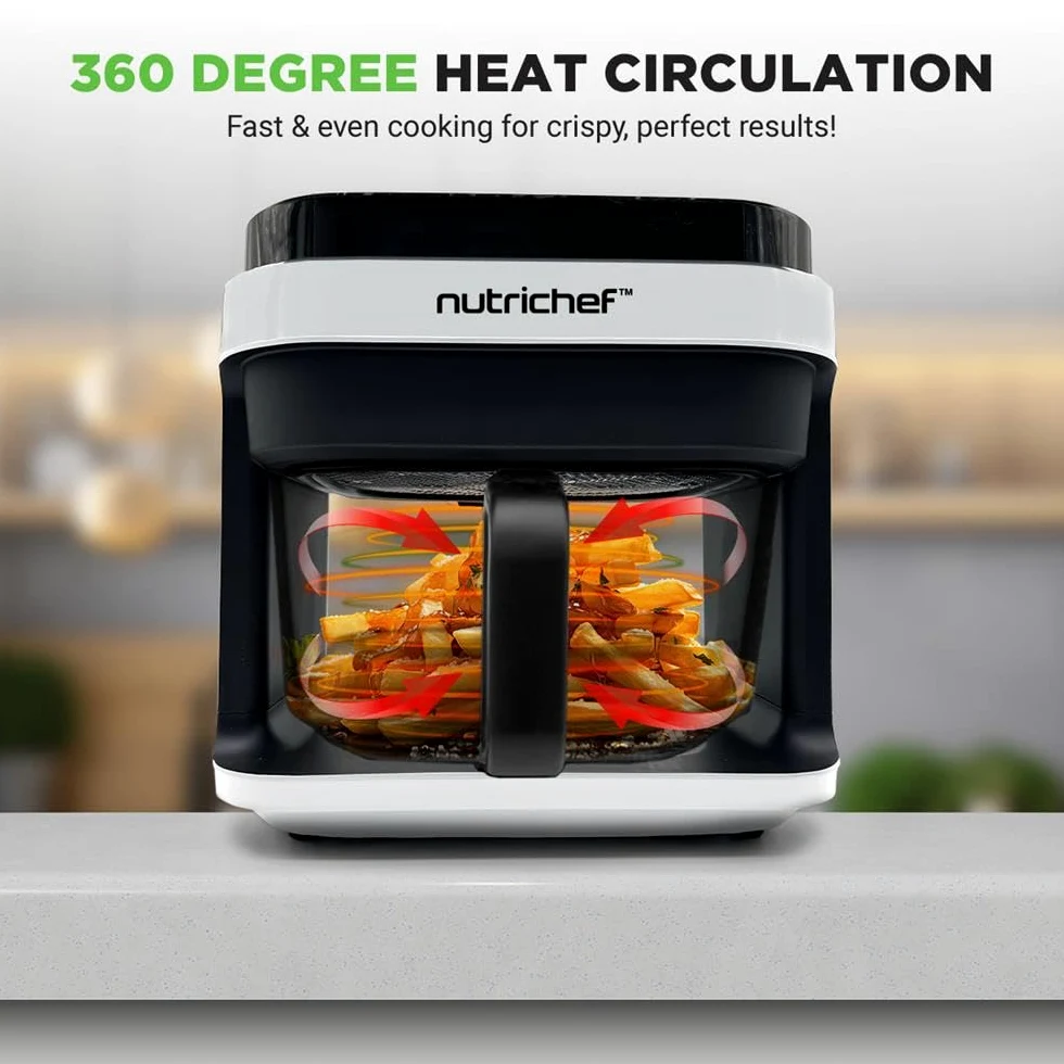 NutriChef Freidora de aire caliente, 5,5 L, sin aceite, 1200 W, color blanco, 8 programas, ventana de visualización, pantalla táctil, baja en grasa, para familias y resultados crujientes