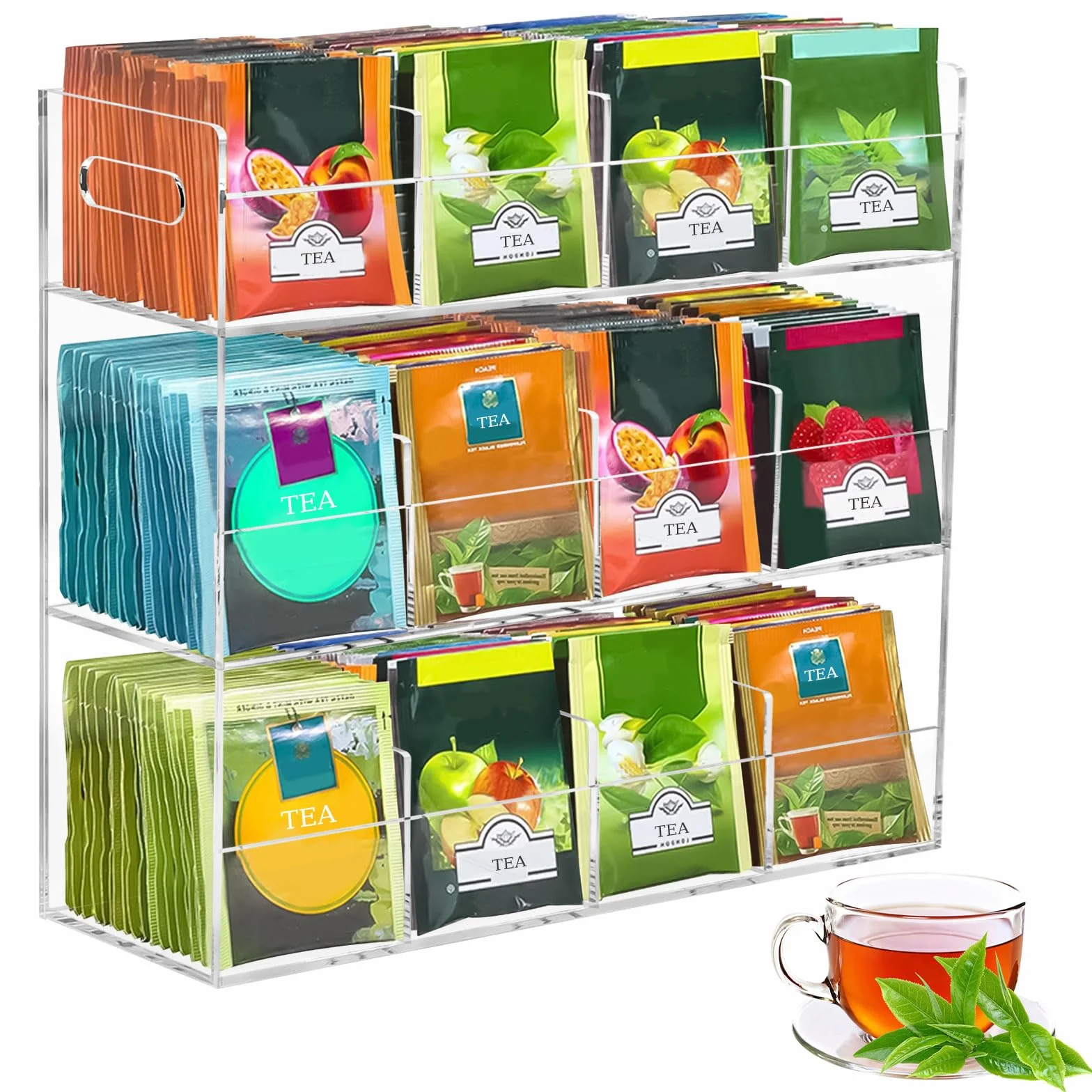 Organizador Infusiones de Acrílico, Caja Infusiones Vertical con 12 Compartimentos para 216 Bolsas de Té, Estante de Té Contenedores para Paquetes de té, Café, Azúcar