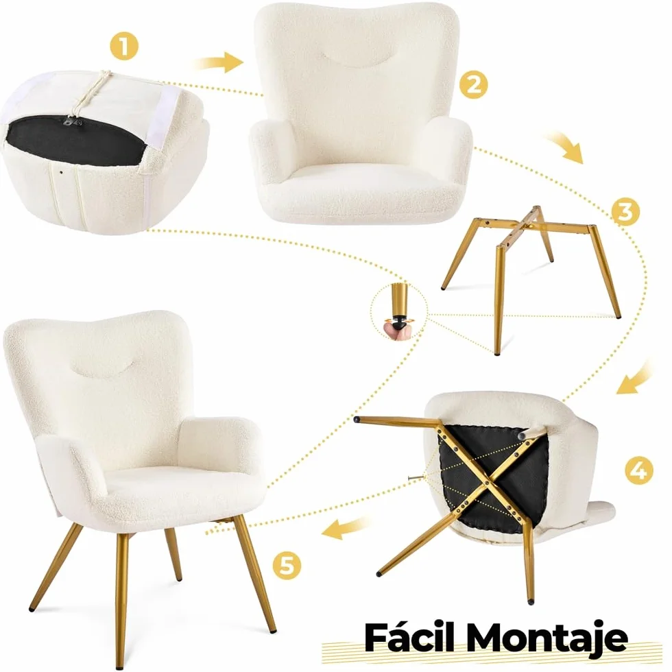 Yaheetech Sillón Ergonómico con Reposapiés Silla Relax Acolchado Respaldo Alto Plegable y Estructura en Metal Sólido Soporte 136 kg para Salón Dormitorio u Oficina en Color Marfil