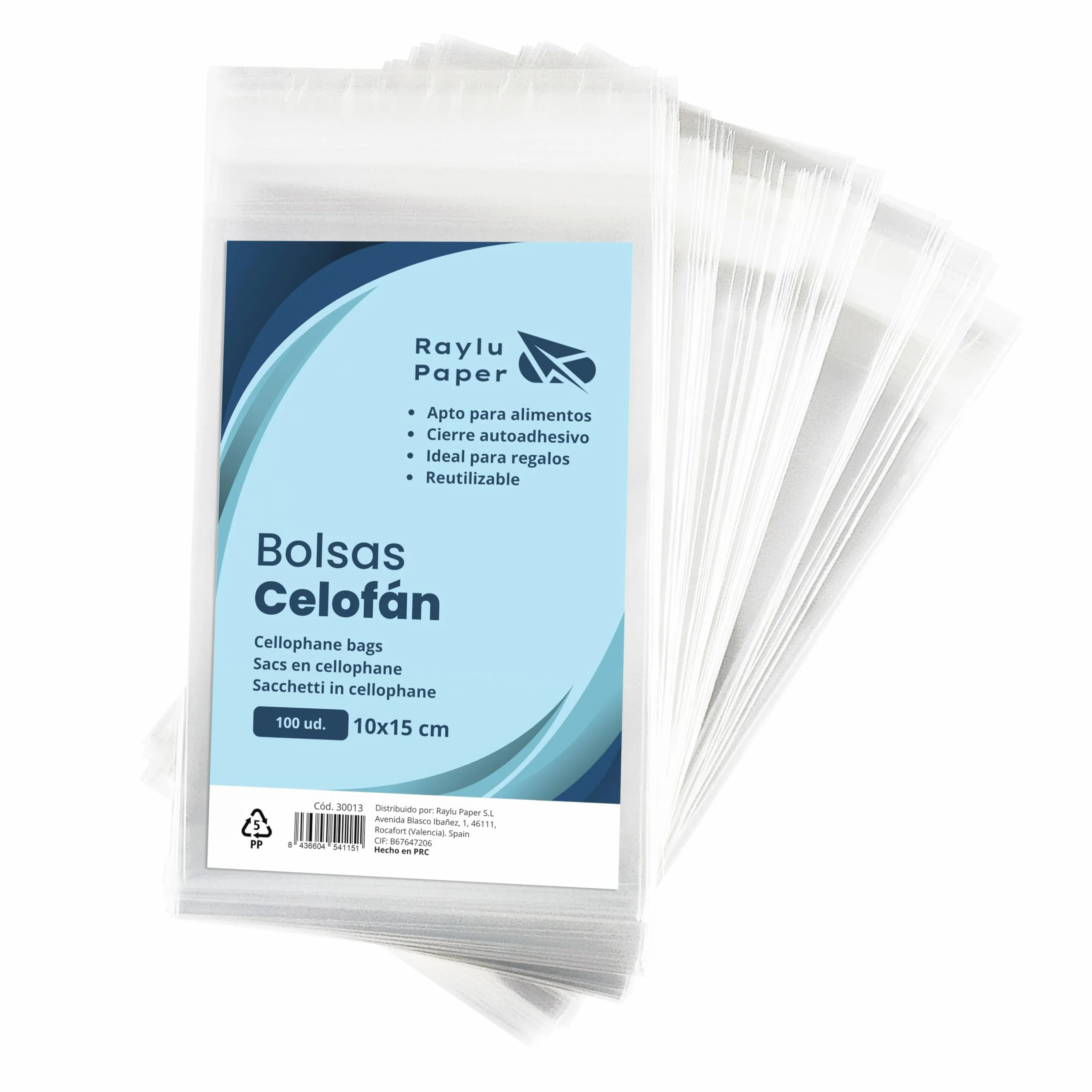 Raylu Paper® – Bolsas de Celofán Transparente, 100 Bolsas Transparentes con Cierre Autoadhesivo, Bolsitas de plástico para Regalos, Celebraciones, Cumpleaños y Chuches. (10x15 cm)