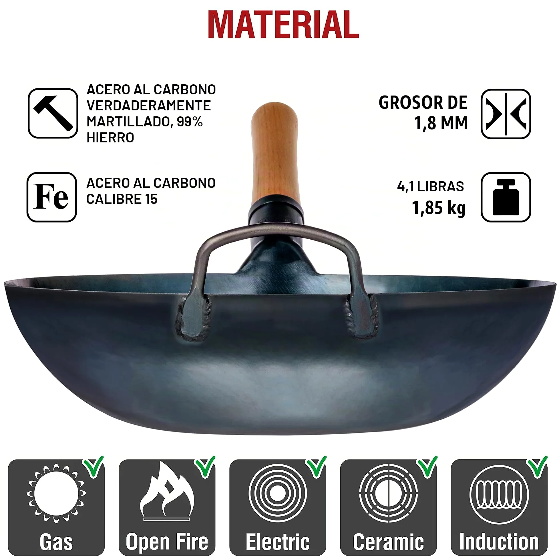YOSUKATA Sartén Wok de Acero al Carbono 34 cm + Tapa Para Sartén Wok de Madera Natural de 34 cm
