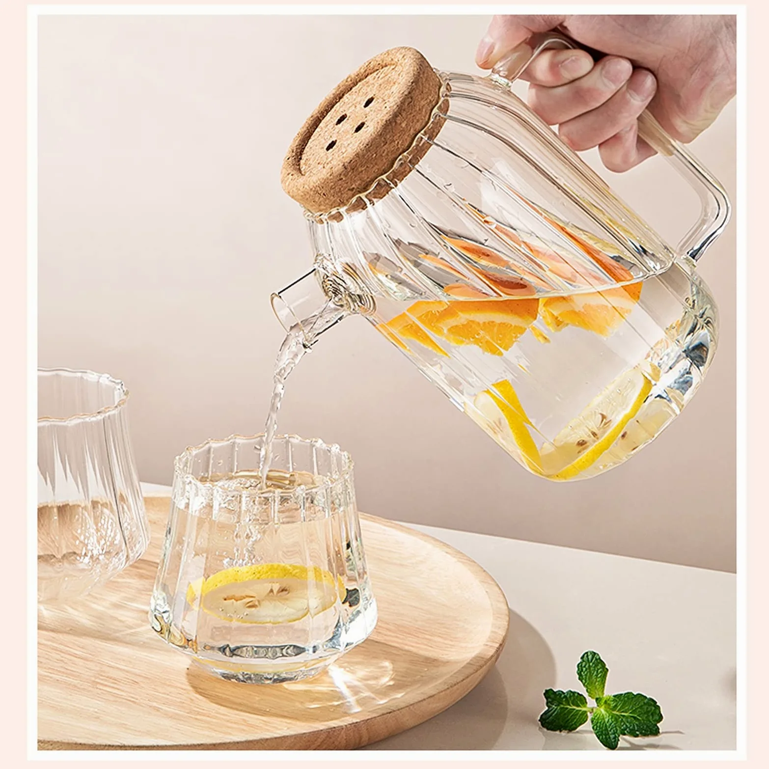 Jarra Agua Fria Jarra de vidrio de borosilicato con gorra de corcho Hogar de cristal resistente al calor Jarrafa con mango eléctrico estufa de cerámica calentamiento tetera Jarra Agua Detox Frutas