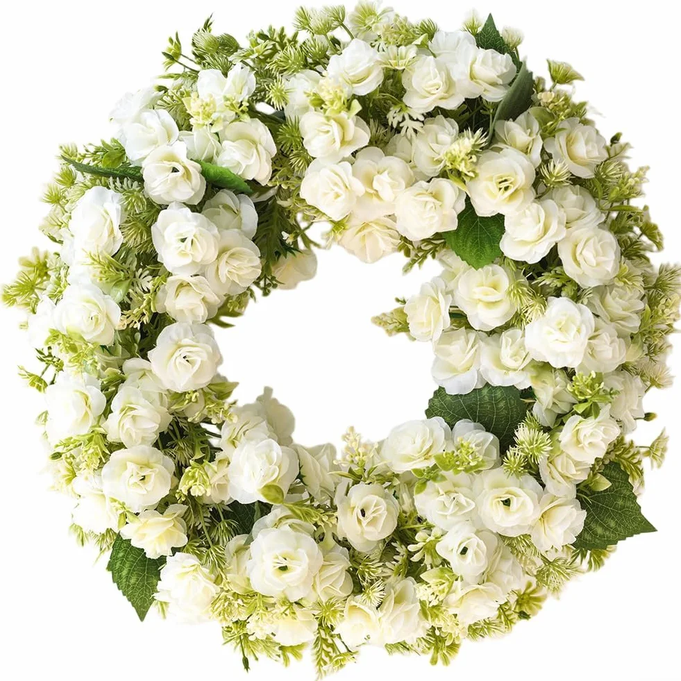 Corona de rosas con pétalos artificiales blancos y rosas para montaje en pared de puerta, primavera, verano, boda, interior y exterior (blanco)