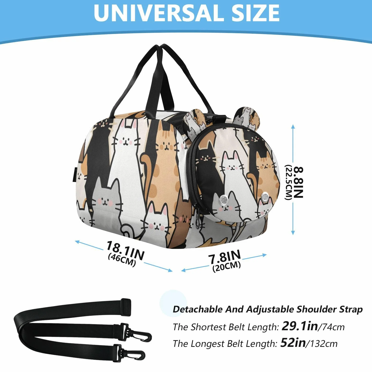Bolsa de gimnasio pequeña diseño gato dibujos animados compartimento zapatos gran capacidad viaje playa natación