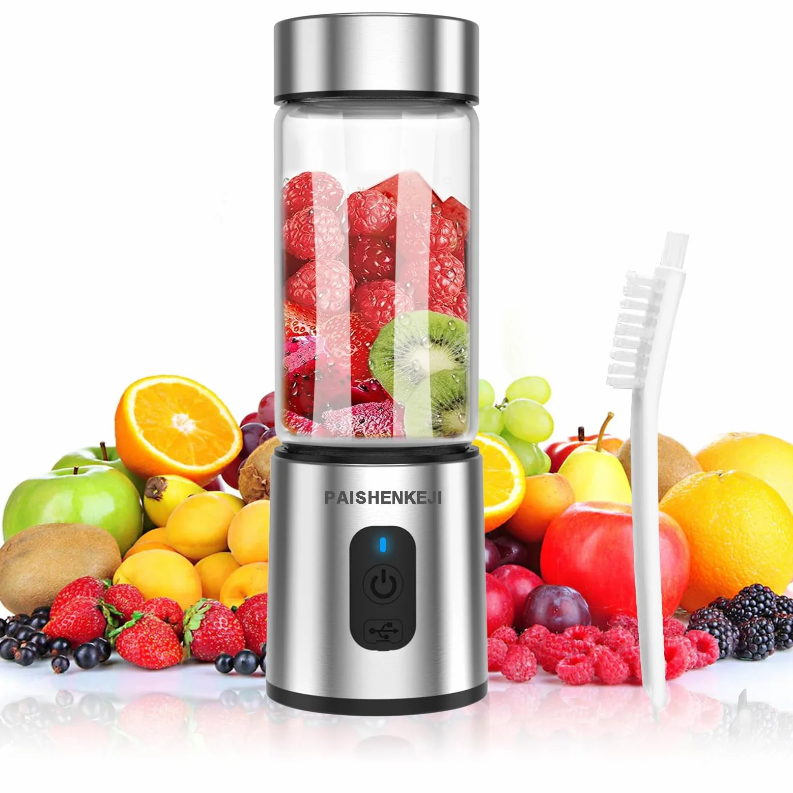 Batidora portátil de cristal para batidos y licuados: Batidora personal para triturar hielo y fruta congelada, mini exprimidor de 400 ml ideal para batidos, licuados y zumos, Smoothie Maker