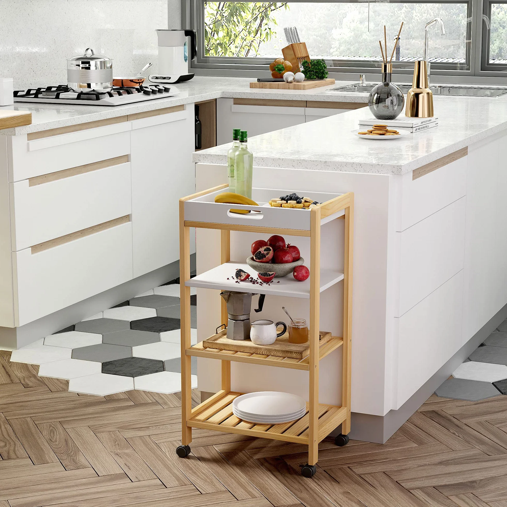 HOMCOM Carrito de Cocina Carrito de Servicio Doméstico de 4 Niveles con Una Bandeja Extraíble Estante Ruedas Universales 40x30x76 cm Blanco Madera
