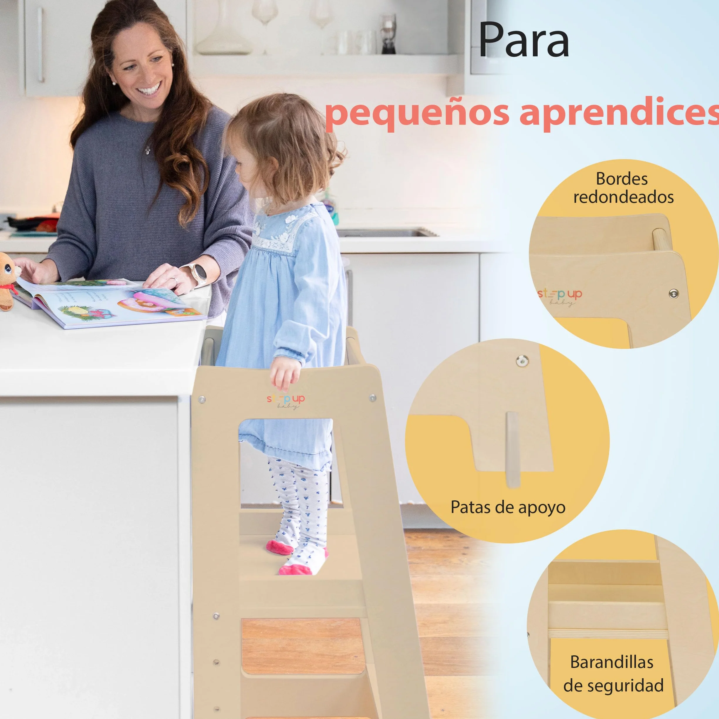 Stepup Baby Torre de Aprendizaje Montessori Taburete Infantil Madera Altura Ajustable Barra Seguridad para Niños 18 Meses a 5 Años