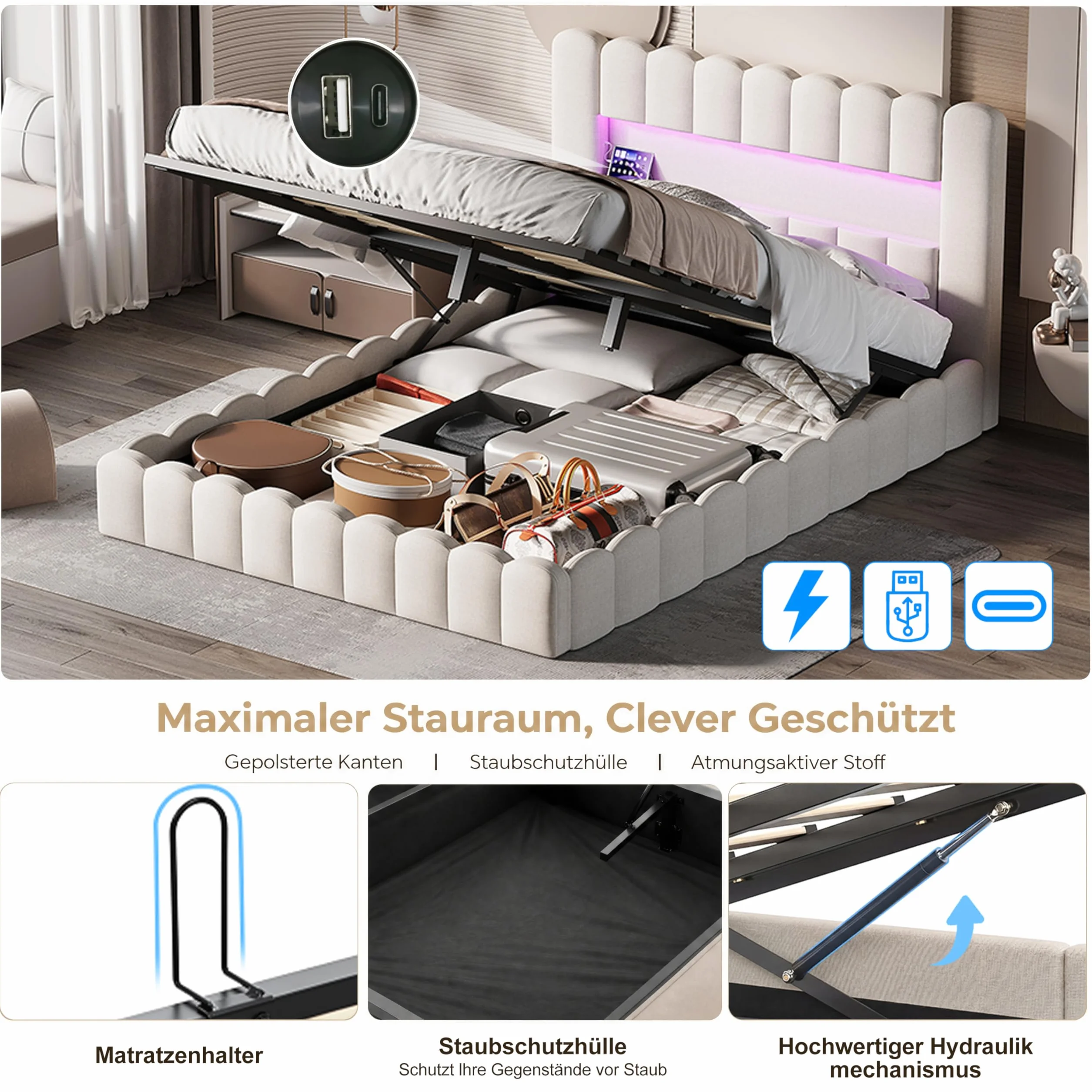 Cama tapizada de 160 x 200 cm con cajón, cama de 160 x 200 cm con espacio de almacenamiento hidráulico, cabecero con LED y USB, marco de cama doble con somier, lino beige, sin colchón