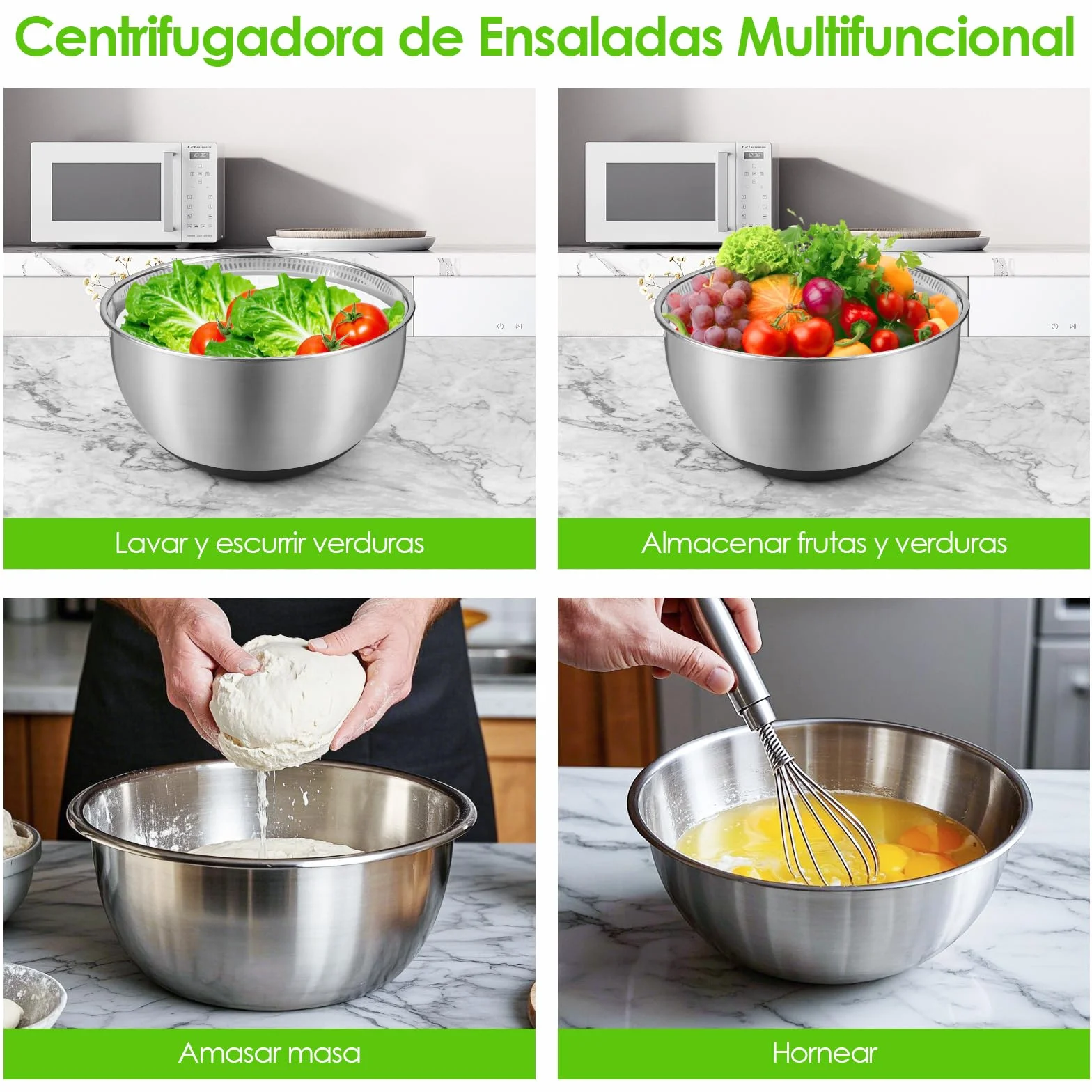 Centrifugadora Lechuga 4,5L de Acero Inoxidable Grande, Escurridor Lechuga Centrifuga con Tapa, Base Antideslizante, Escurridor Ensalada para Lavar y Escurrir Las Ensaladas