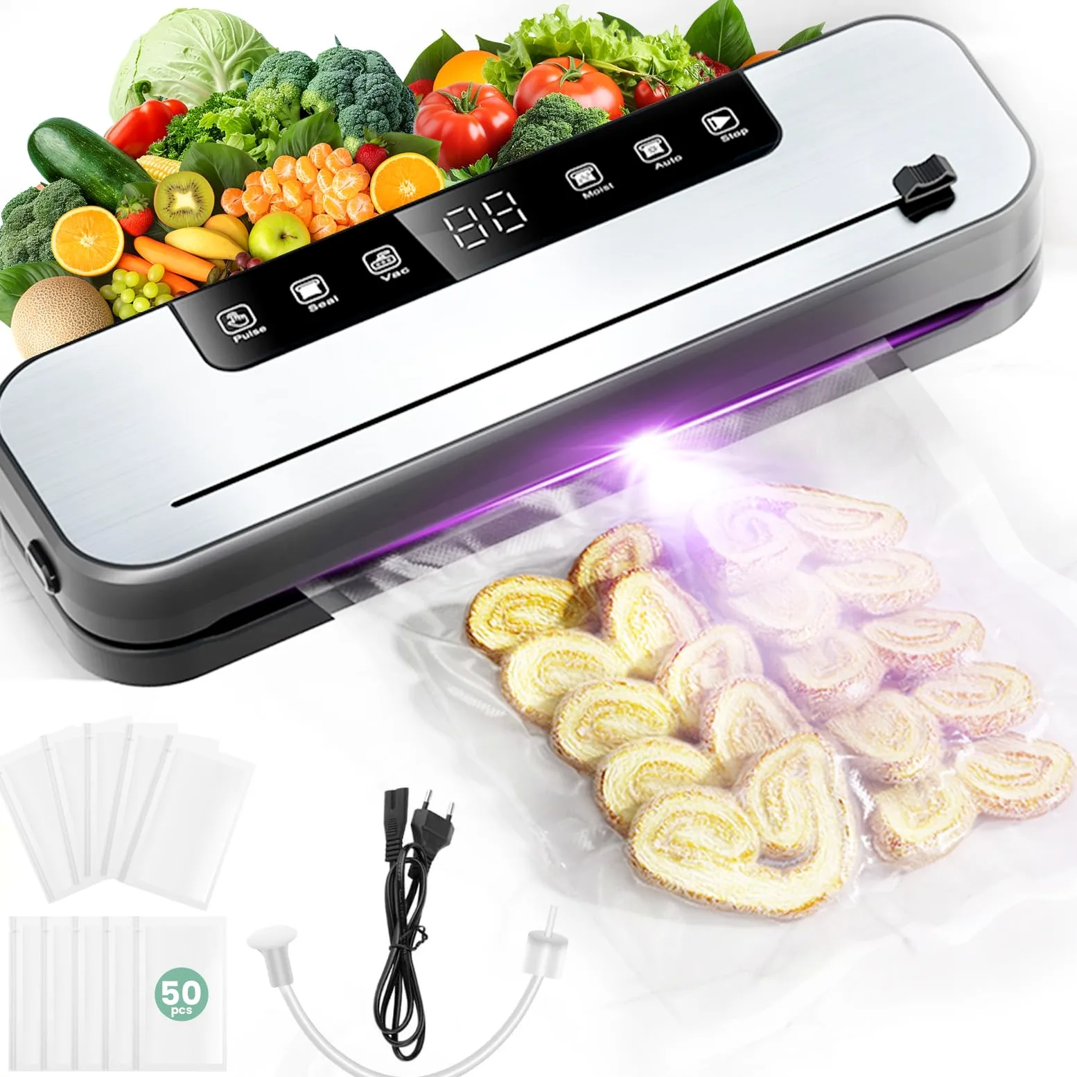 Envasadora al vacío 6 en 1 profesional para alimentos, con 50 bolsas de envasado al vacío y 1 manguera para recipiente al vacío, dispositivo de sellado automático de 75 Kpa con cortador y cuenta atrás