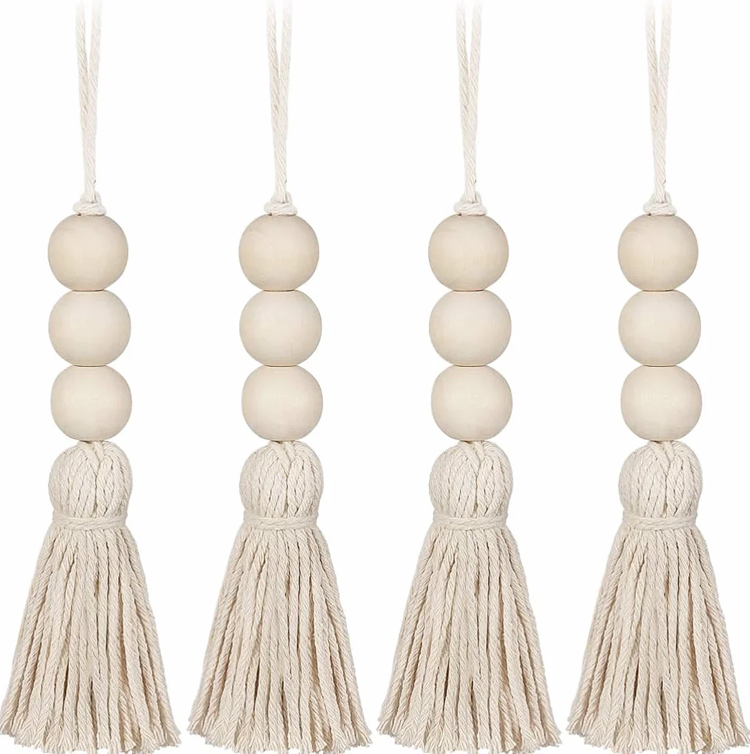 LATRAT Lote de 4 piezas de perlas con pompones de madera para tirador de armario - Decoración mural decorativa - Pompón - Colgante para armario, porche