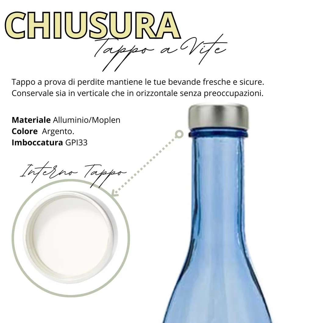 Juego de 6 botellas de cristal azul modelo Conviva, 750 ml, tapón de rosca color plata | Botella de cristal de agua solarizada