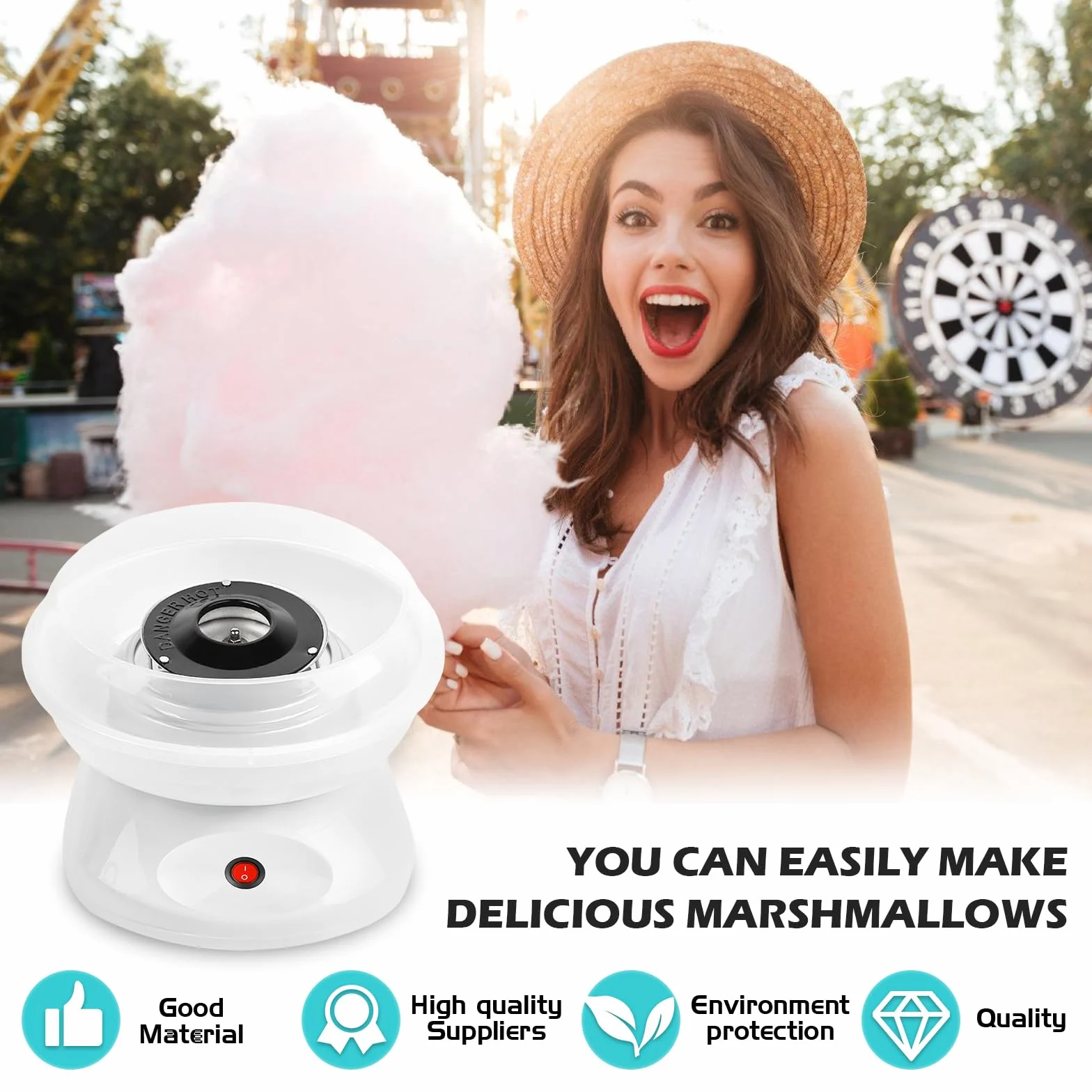 Maquina de Algodon de Azucar, 450w Retro Cotton Candy Machine con Cuchara Medidora y 10 Palos de Madera Maquina Algodon Azucar Ideal para Fiestas Infantiles Cumpleaños y Uso Doméstico Color Blanco