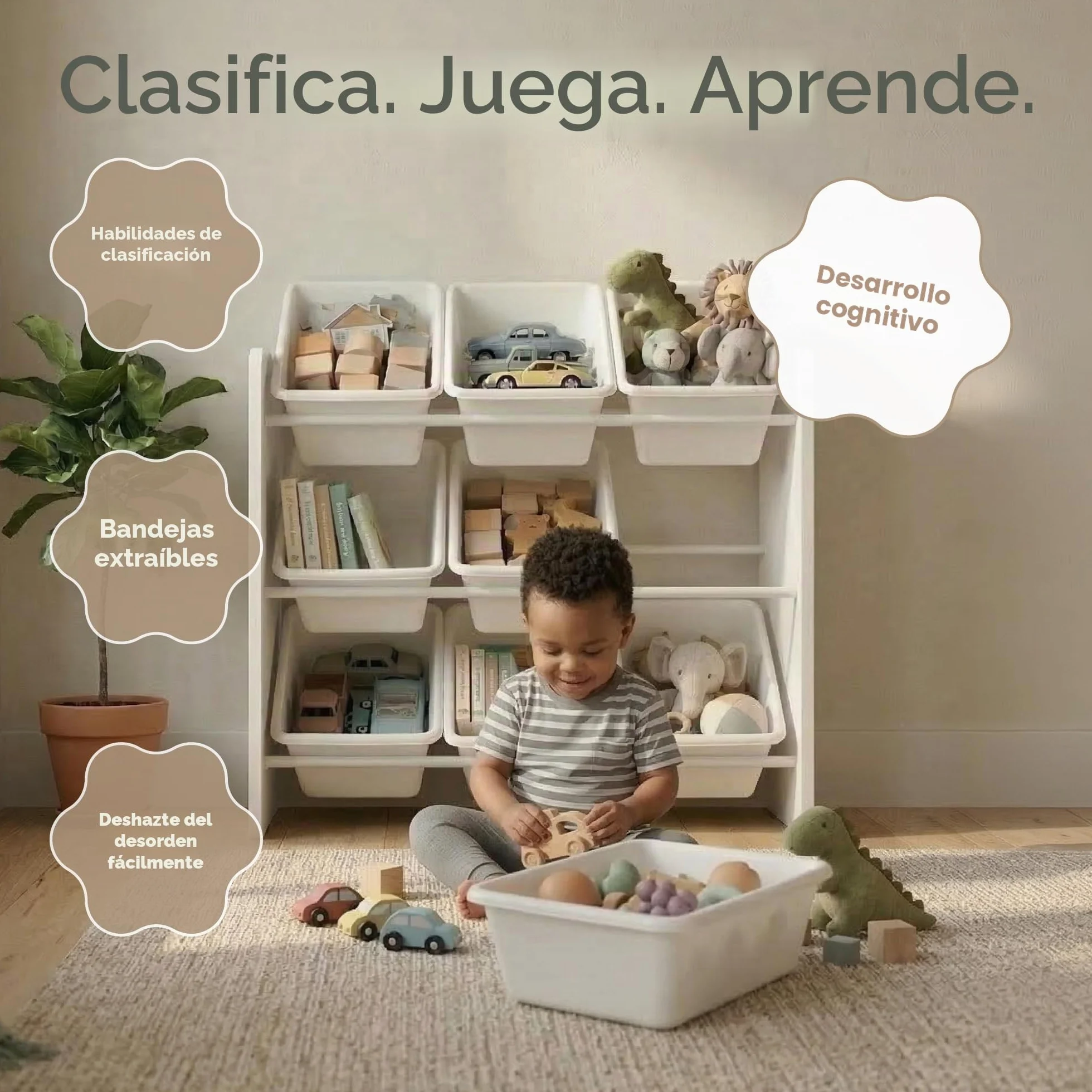 Humble Crew Organizador Infantil Gris/Blanco: 9 Cajas Almacenamiento, diseño Moderno, Seguro, fomenta Orden, Ideal niños, Montaje fácil, hogar