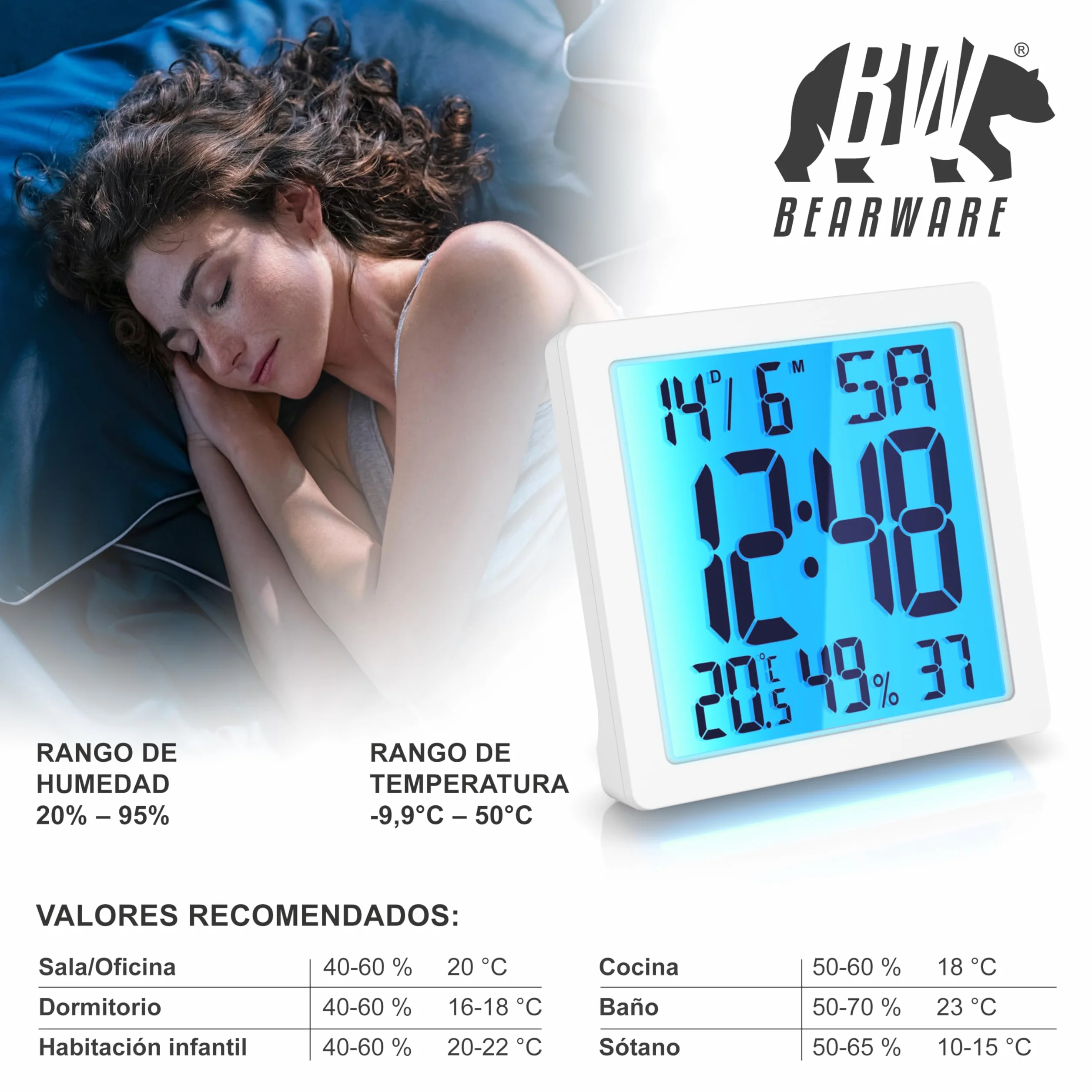 Reloj Despertador Digital con 10,3cm Pantalla LED de Temperatura Humedad Fecha y día, Alarm Cloc Snooze Termómetro Formato 12/24 horas, Reloj digital de Mesa de Viaje para Sala de Oficinas Familiares