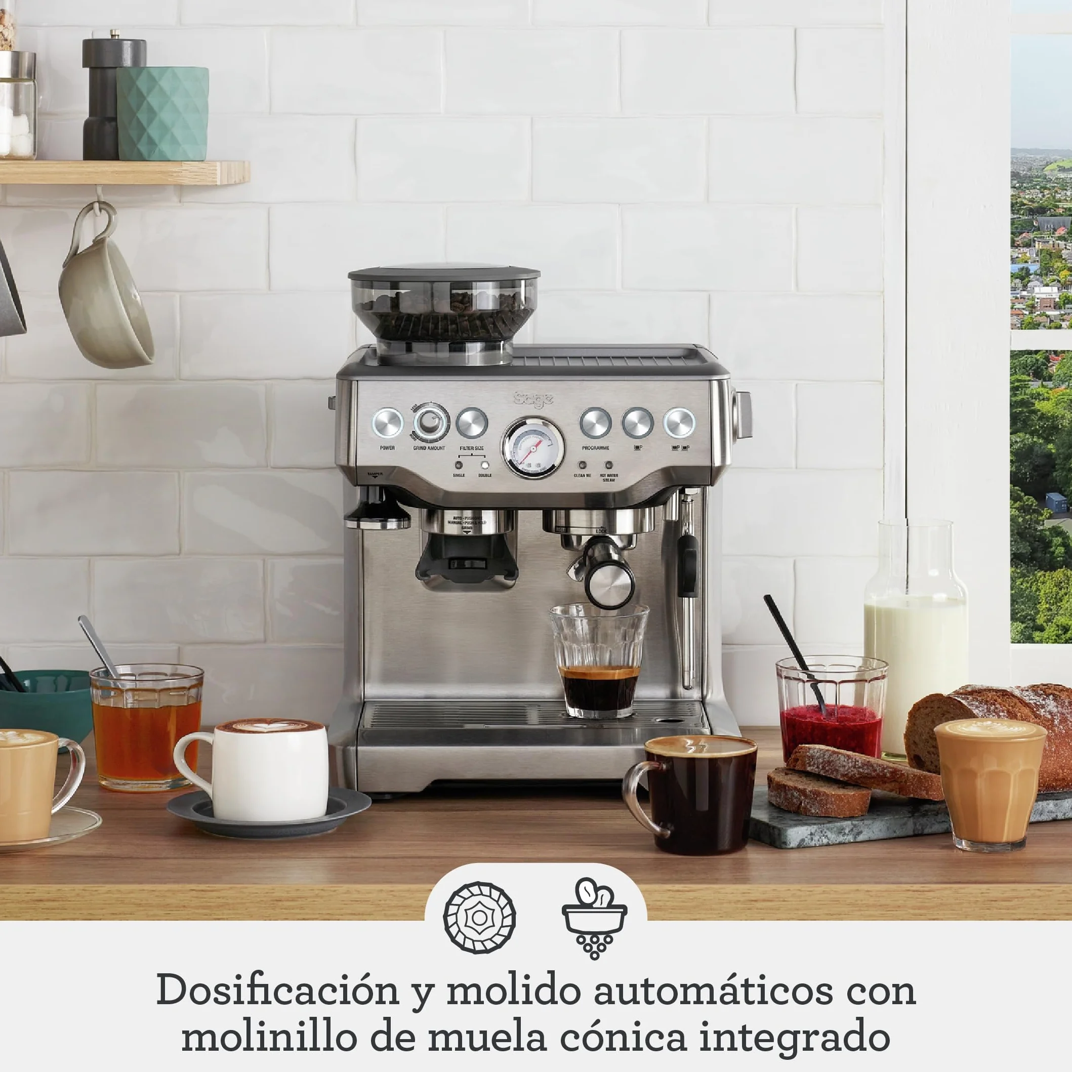 Sage - The Barista Express - Cafetera Profesional con Espumador de Leche Manual y Molinillo Integrado - Microespuma Personalizable - Sésamo Negro, Jarra de Leche