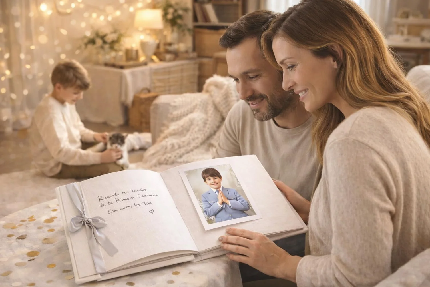 Libro de Firmas Comunión Niño – Álbum de Recuerdos con Portada Acolchada en Guaflex Blanco Elegante, Lazo Plateado, Papel 160 g, 64 Páginas, 27,5 x 23 cm – Presentación en Caja Transparente