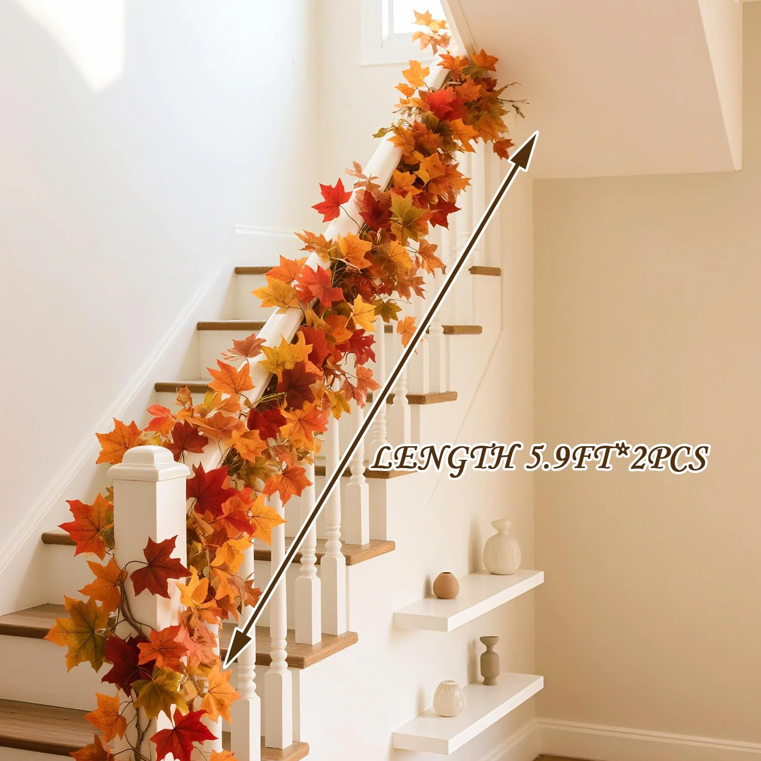 2 Pack Guirnalda de Hojas de Arce Artificial - Total 3,6 m Decoración de Otoño para Thanksgiving, Halloween, Navidad - Decoración de Chimenea, Bodas, Fiestas (Burdeos, Oro, Naranja)