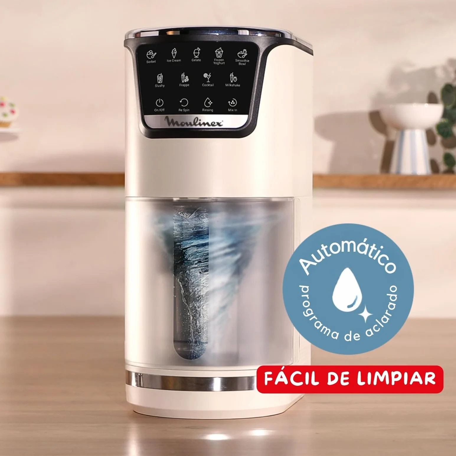 Moulinex Dolci, Heladera, 10 programas en 1, Limpieza con aclarado automático, Tecnología 1 Step Perfector, Hasta 1,4L de helado con los 3 boles de Tritan, Incluye cuchara helado, Blanca, MJ604AF0