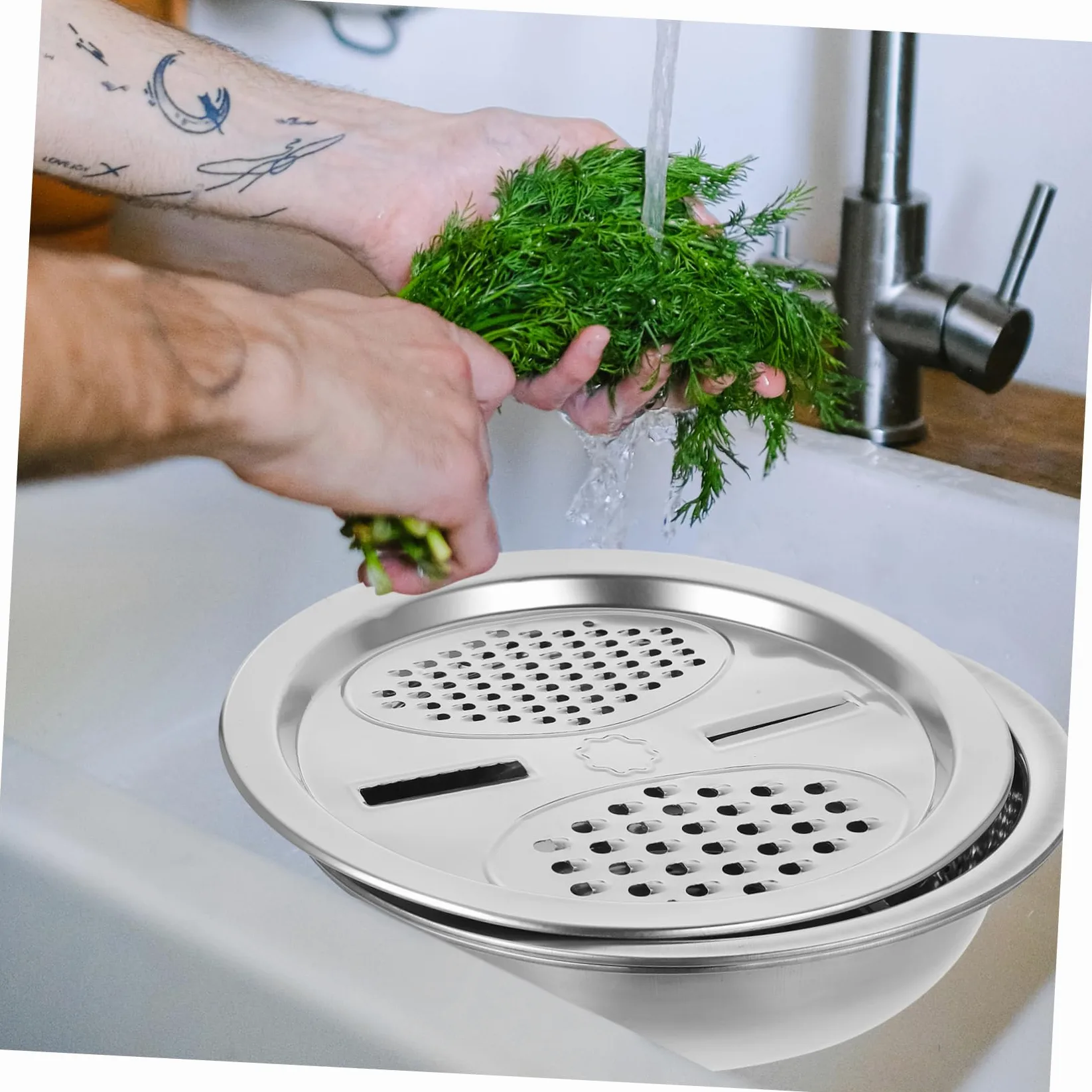 Colador de Verduras y Frutas de Acero Inoxidable 3 Piezas Diseño de Drenaje Adecuado para Cocina y Amasado Estilo Aleatorio