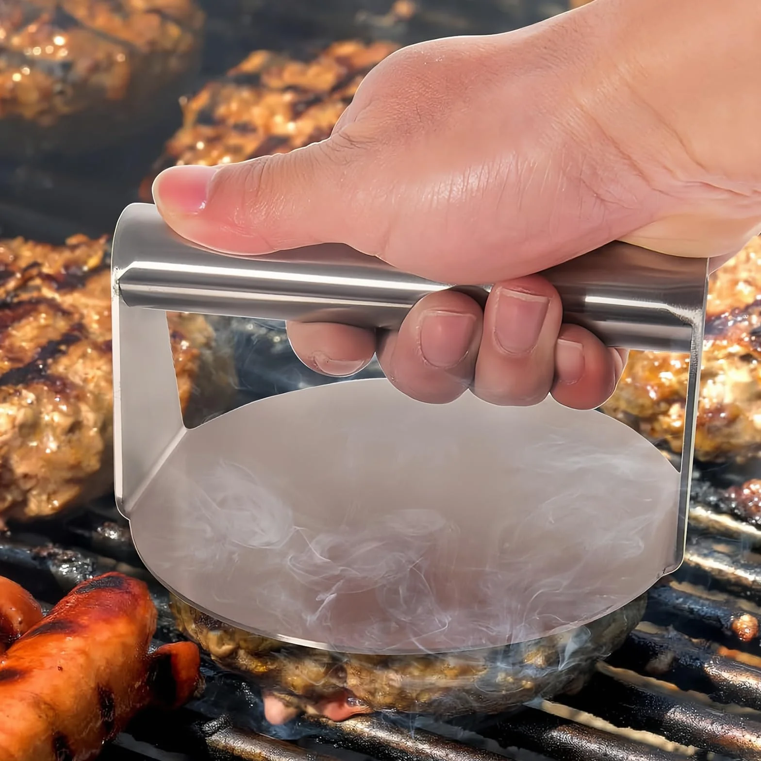 Aplastador de Hamburguesas Juego, 14 × 14 × 7,5 cm Aplasta Hamburguesas, Redondo Acero Inoxidable Prensa de Hamburguesa con Espátula de 29,5 × 7,1 cm para Asar en Plano y Reducir Grasa