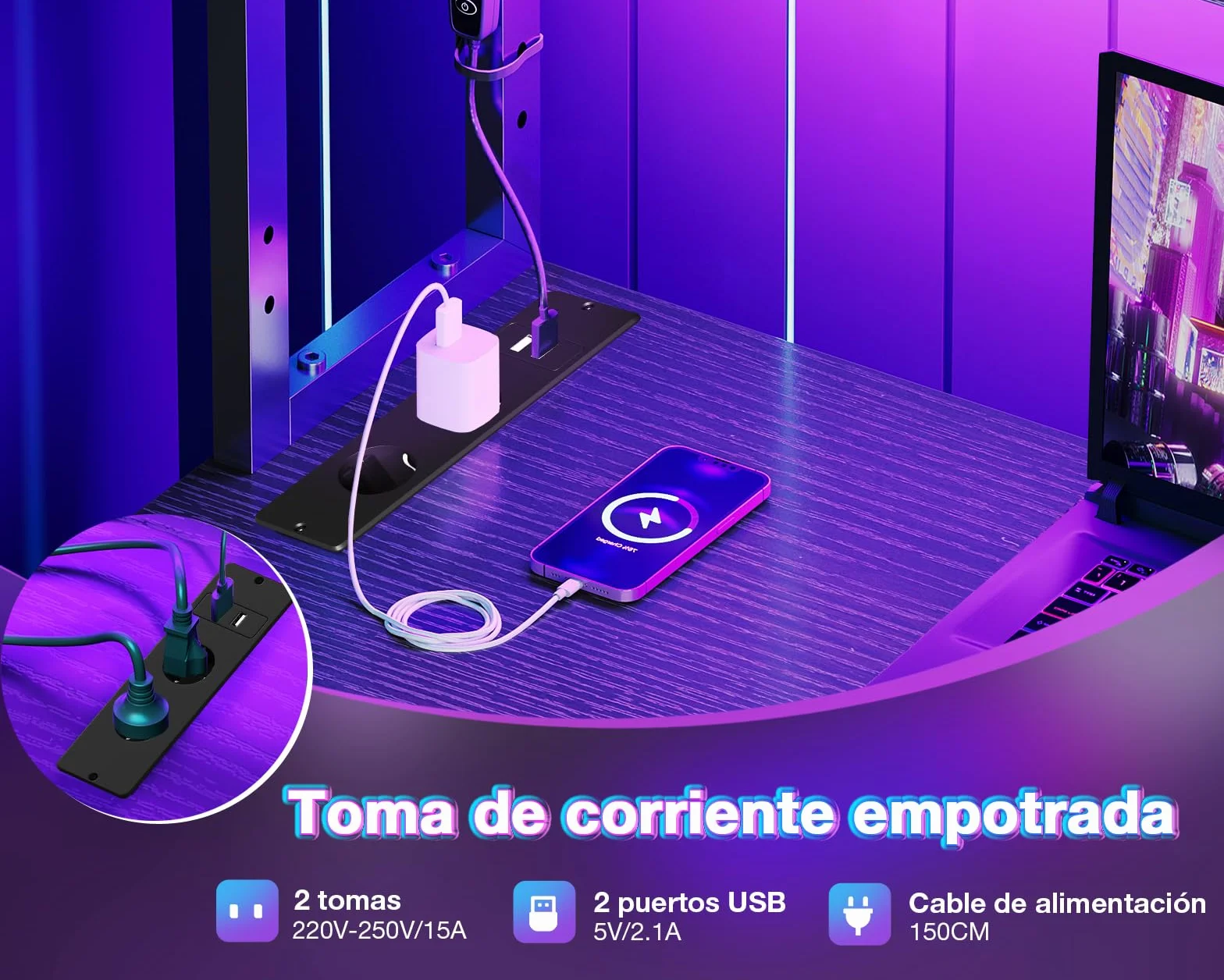 Coleshome Escritorio Gaming en L con LED y Enchufes, 135 × 100 cm Escritorio Gamer Reversible con Estantes, Escritorio Esquinero con Bolsa de Almacenamiento y Gancho para Jugadores, Negro
