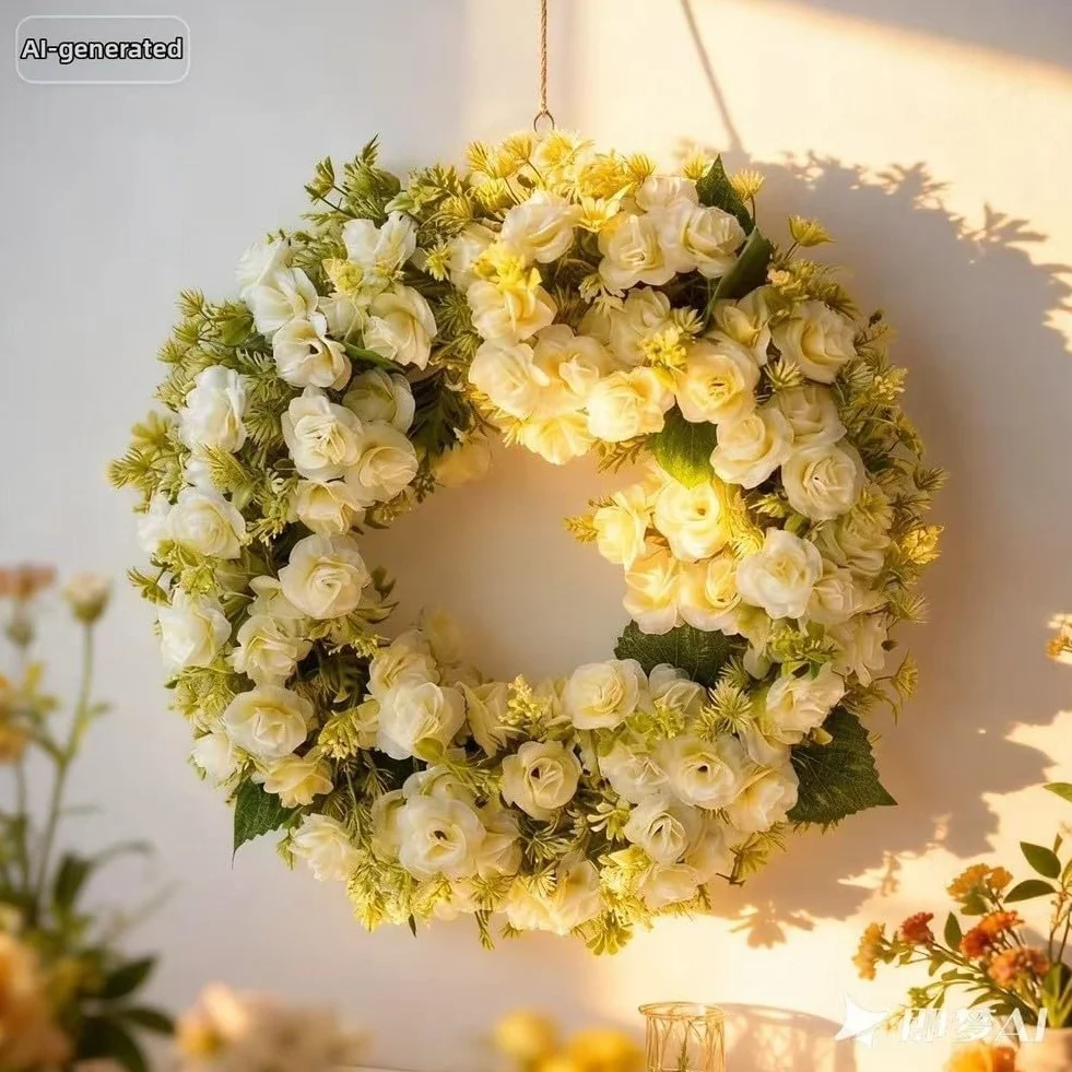 Corona de rosas con pétalos artificiales blancos y rosas para montaje en pared de puerta, primavera, verano, boda, interior y exterior (blanco)