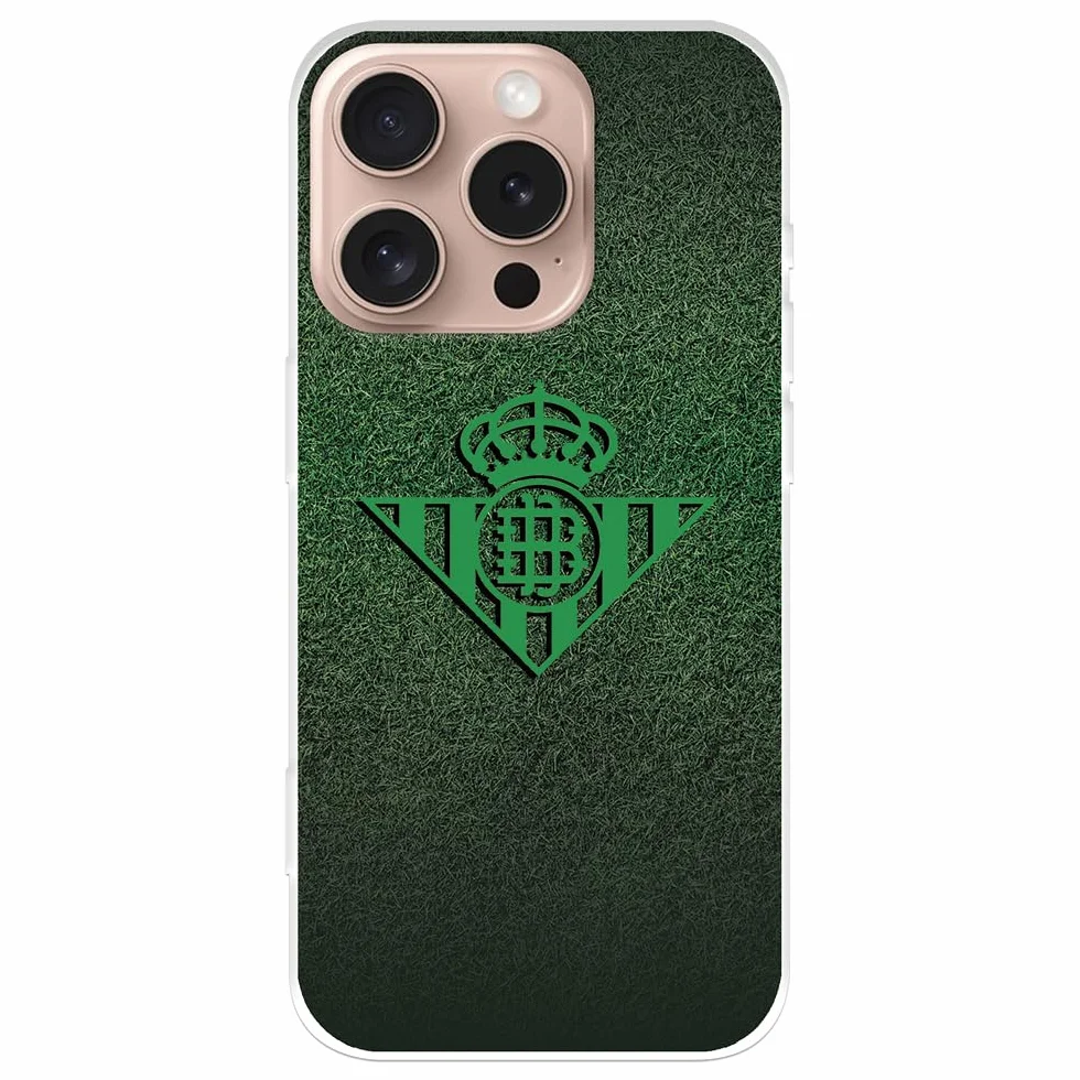 Funda para iPhone 16 Pro del Real Betis Balompié Escudo Verde Fondo Trama Transparente, Silicona Flexible con Licencia Oficial