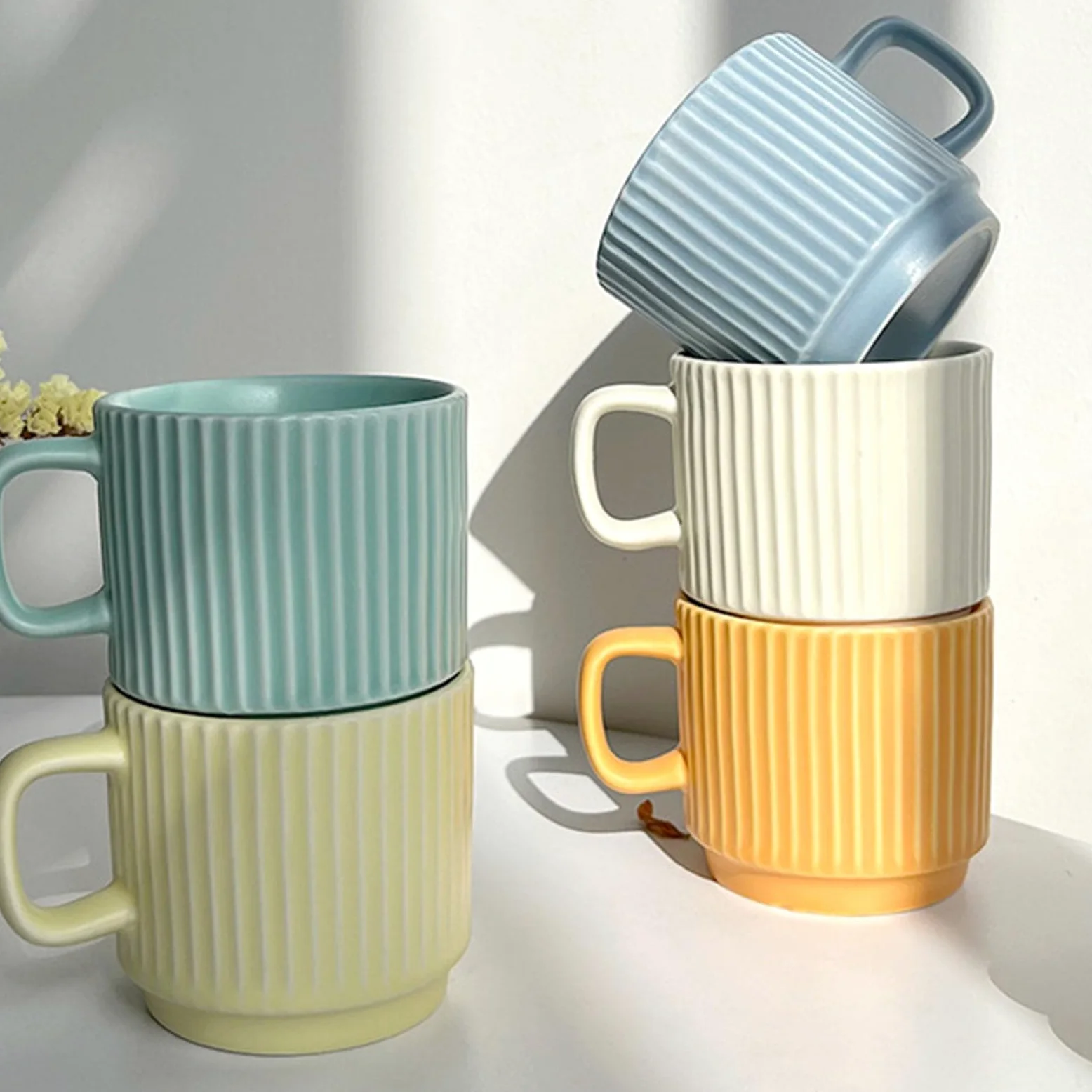 Juego de 6 Tazas apilables de Porcelana de 260 ml para café expreso con asa, Ideales para té, café con Leche, Cacao y Capuchino. (White)
