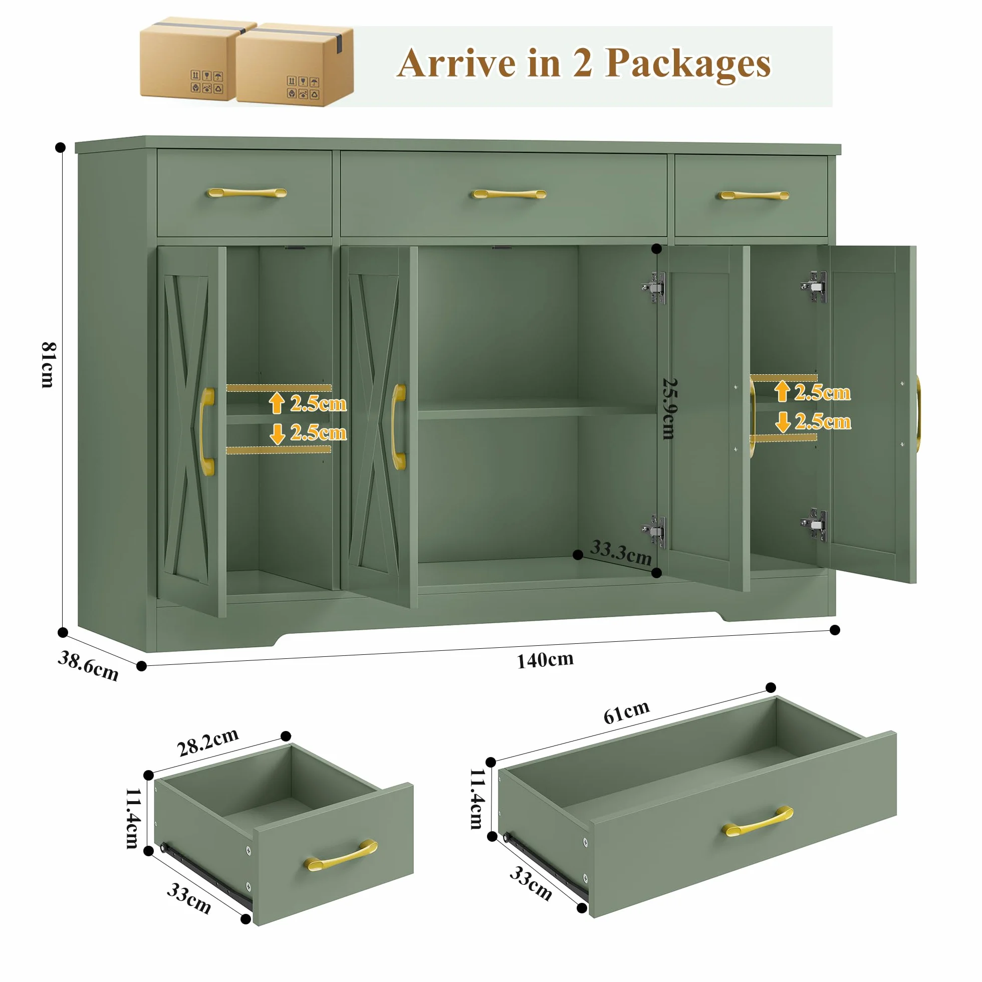 HOCSOK Aparador 140cm, Armario de Cocina, Armario Almacenaje con 4 Puertas y 3 Cajones, Mueble Auxiliar de Cocina con Estantes, para Comedor Entrada Salón, Verde