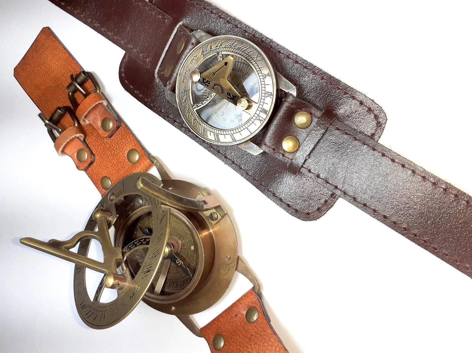 Reloj de pulsera Steampunk con brújula de latón y reloj de sol con correa de cuero, reloj solar de aprox. 15.4 x 6.4 x 2.9 pulgadas, Marrón, Antiguo
