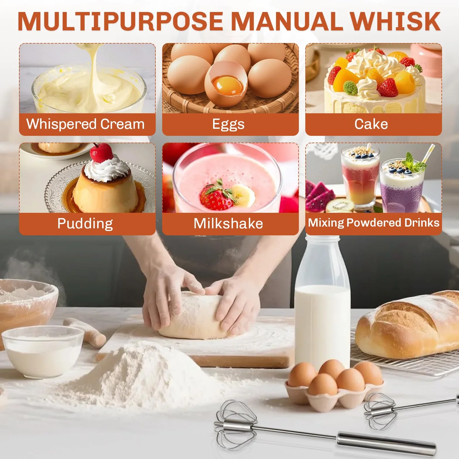 3 Piezas Batidor Semiautomático de Acero Inoxidable, Batidor Manual de Huevos con Mecanismo de Resorte Barillas Batir Manual para Mezclar, Revolver la Masa, Huevos, Espumar, Batir