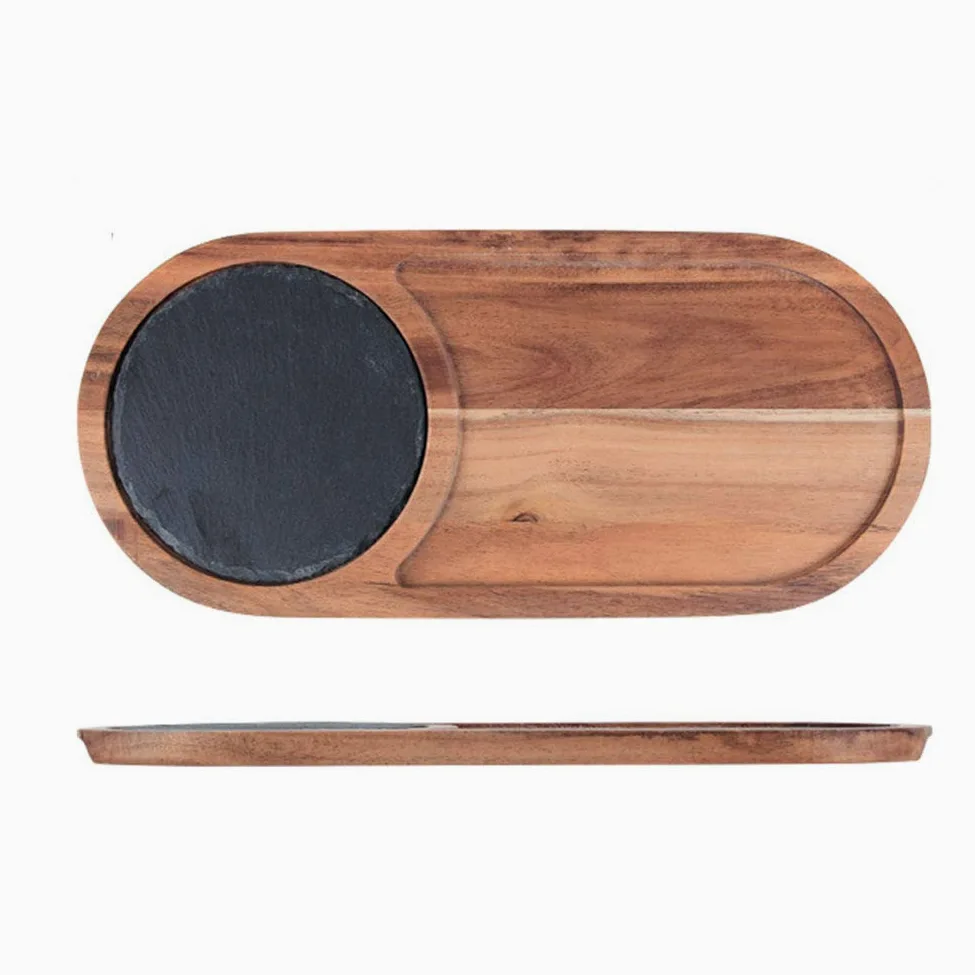 Platos para servir en madera y pizarra, bandeja para servir, plato de madera natural elegante y saludable, para pizza, sushi, filete ovalado con pizarra