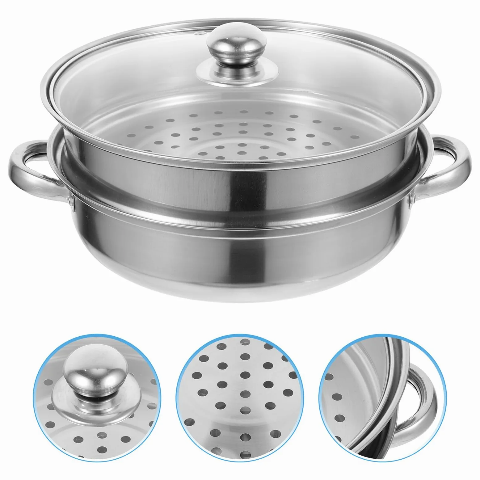 Olla Vaporera de Acero Inoxidable Doble Capa para Cocina Diseño de Asa, Cocedor de Verduras al Vapor Multifunción Adecuado para Uso en Cocina