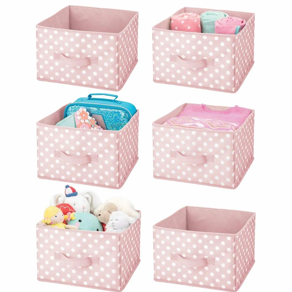 mDesign Juego de 6 Contenedores de Tela Organizadores de Juguetes Lunares para Dormitorios Infantiles Rosa/Blanco