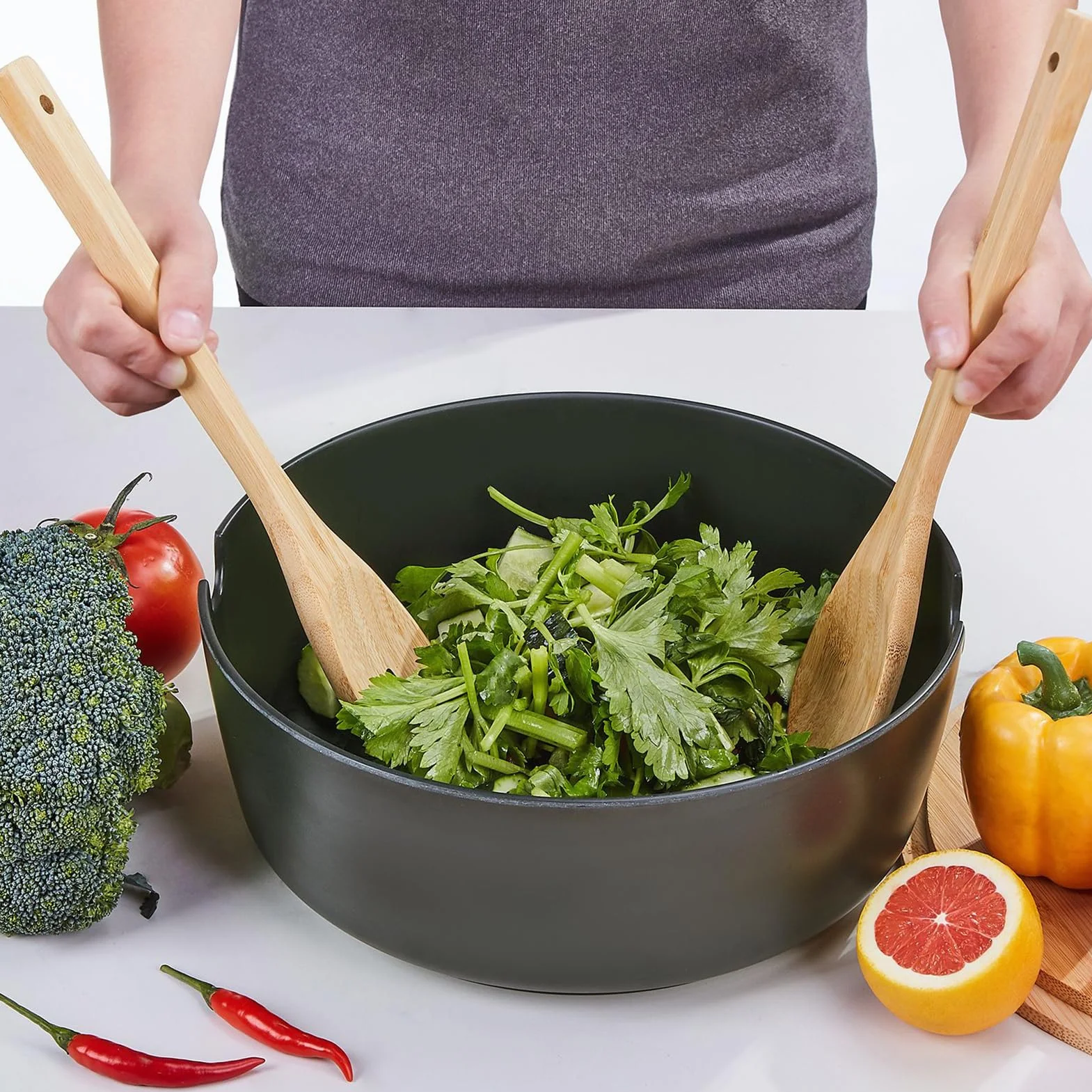Ensaladera Grande Ensaladeras De Madera Vajilla Cuchara Tenedor | Boles Grandes para Ensaladas y Comer Verduras Pasta Cereal Fideos Preparación Comidas Cocinar Casa Camping Barbacoa