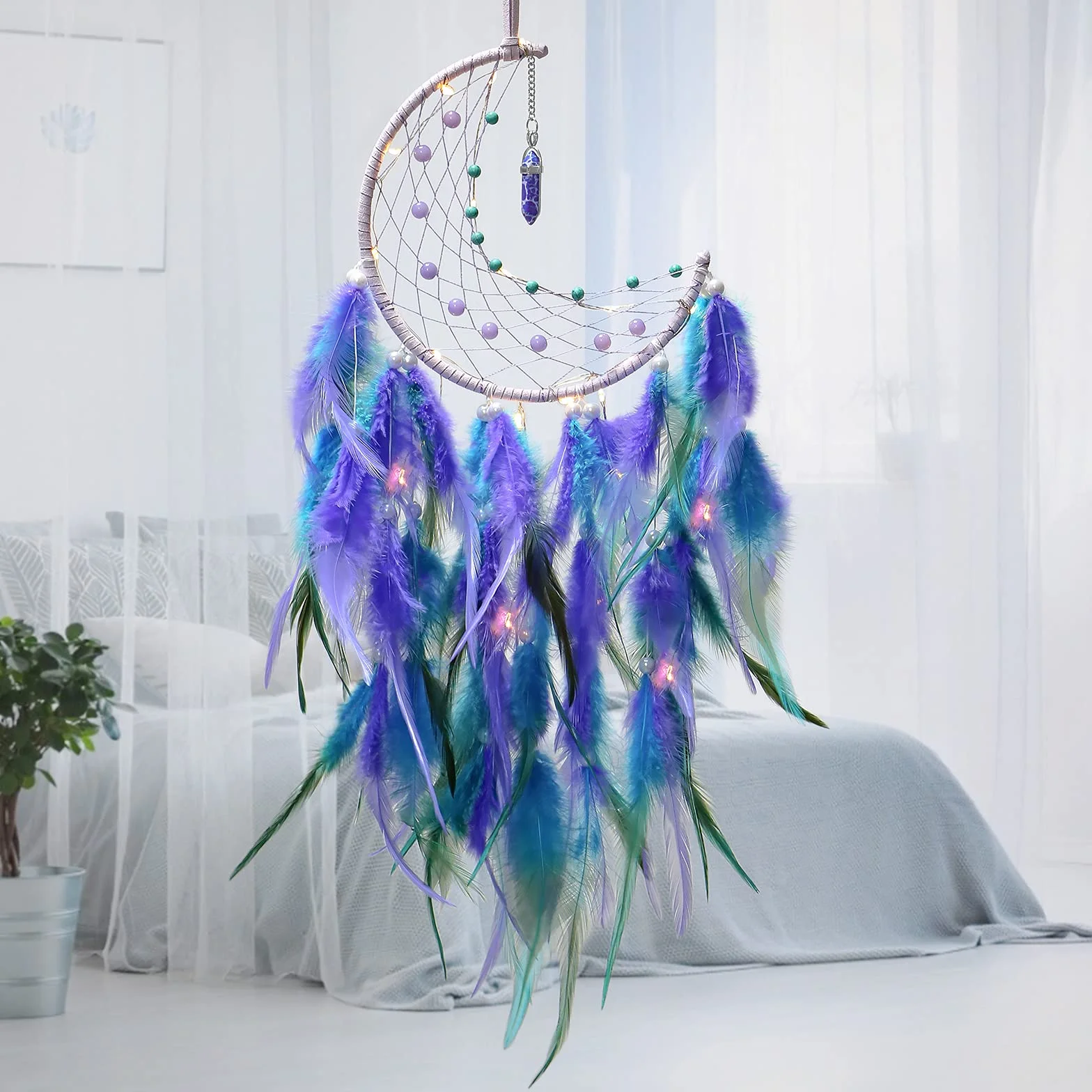 Dremisland Luna Atrapasueños LED con Plumas Hecho a Mano Dream Catcher Turquesa Colgante de Pared Adorno para decoración Hogar Dormitorio Regalo Artesanal (Azul & Púrpura)