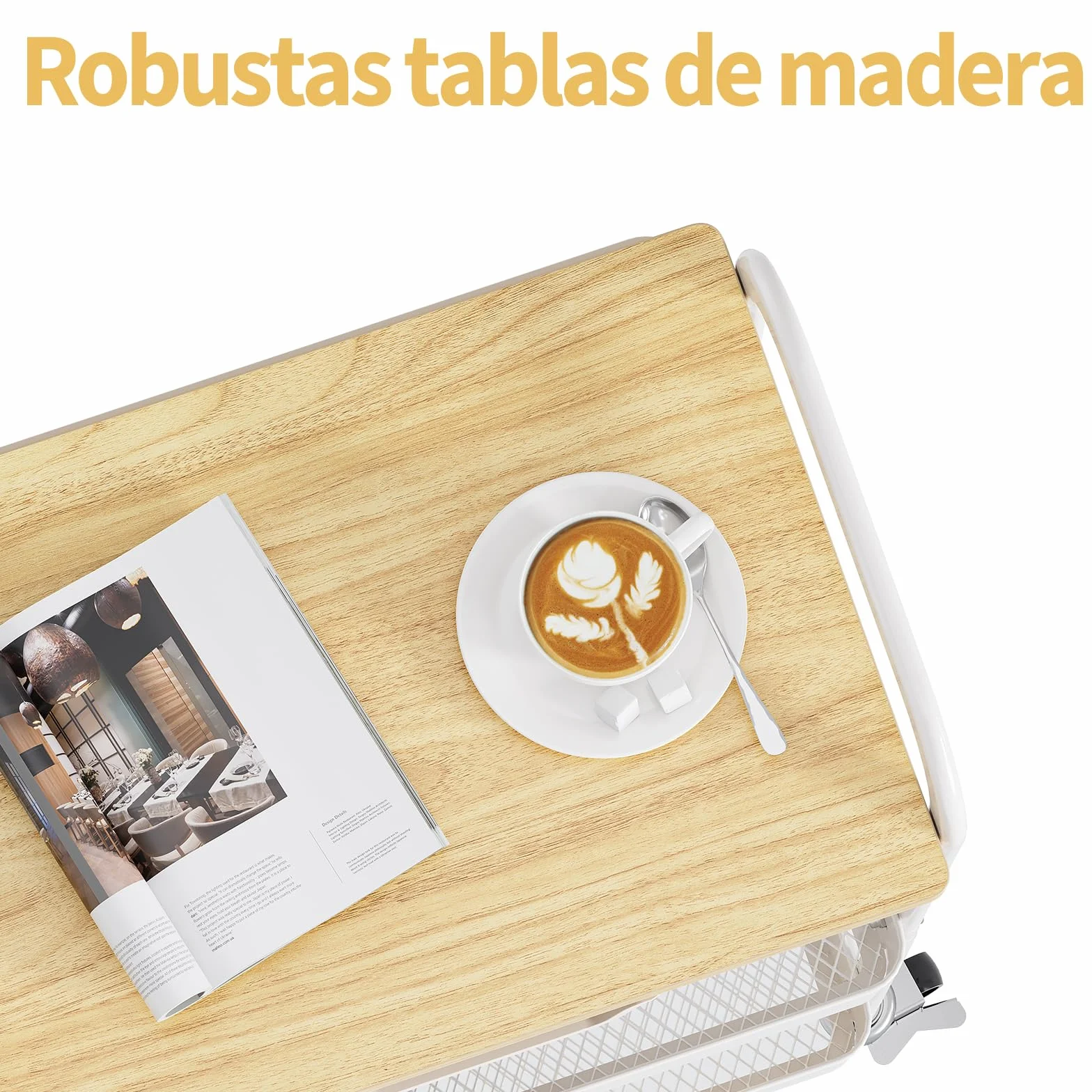 KINGRACK Carro Auxiliar de Cocina de 3 Niveles, Carrito verdulero con Asa, Ruedas, y cajones, para baño peluqueria, con Tapa de Madera, Blanco WKUK830549-1