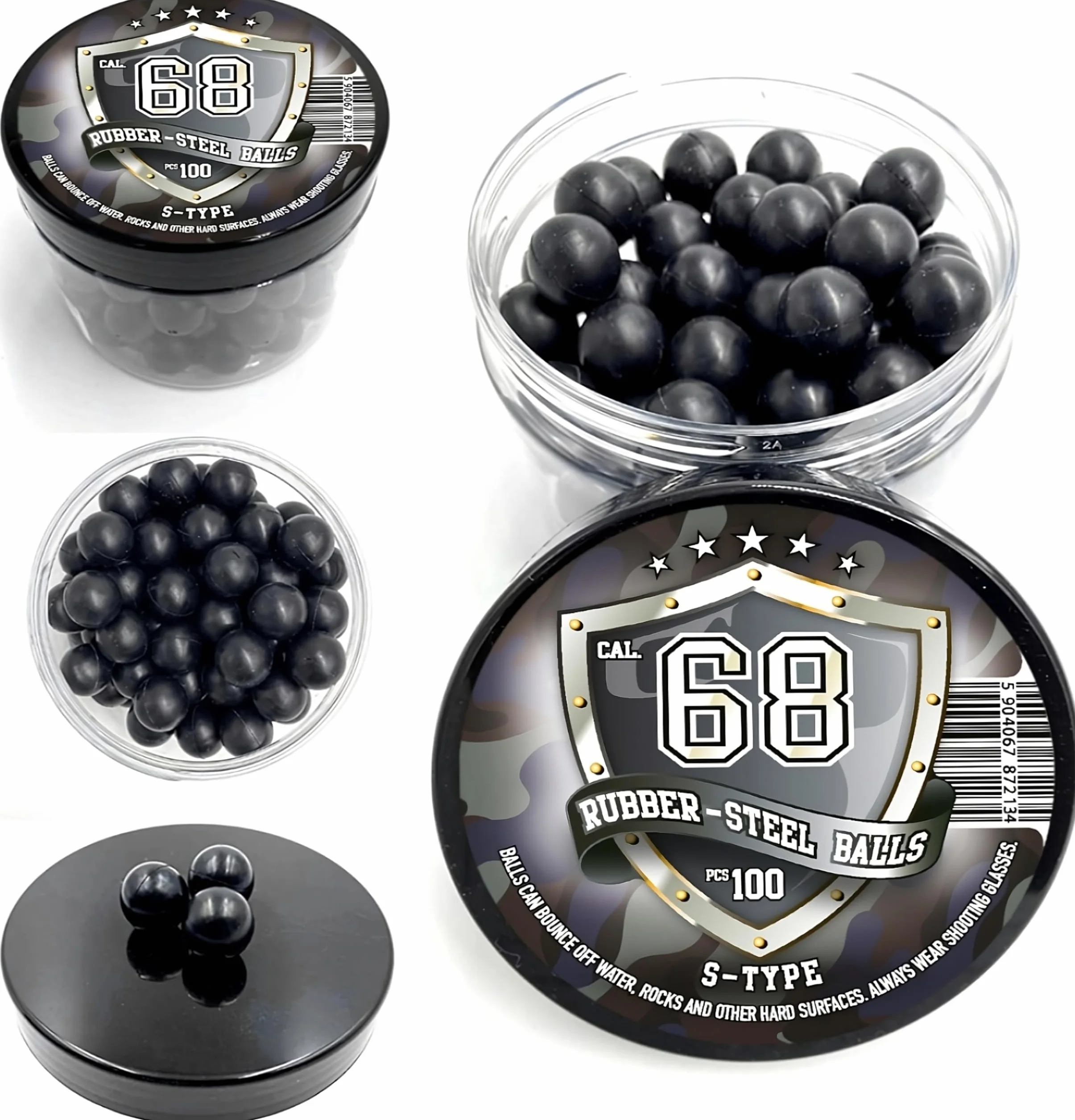 S-Type 68 Caliber 100x Bolas Acero Gomma Maciza Paintball Rubber Steel Balls for HDS HDR T4E