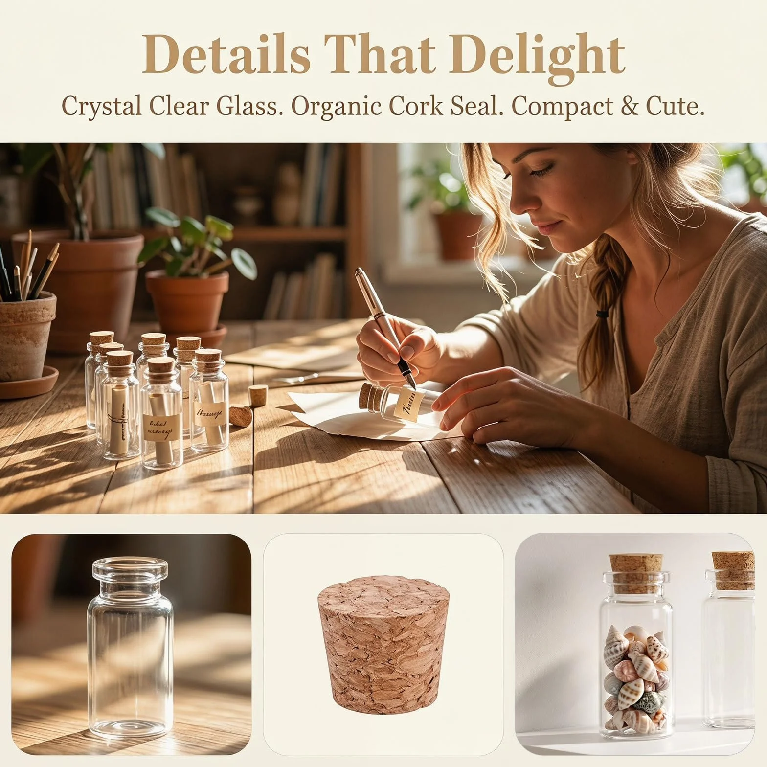 50 mini botellas de vidrio con tapa de corcho - 25 ml/0,8 oz. Pequeños recipientes para manualidades de bodas y fiestas - Botella transparente para mensajes y deseos.