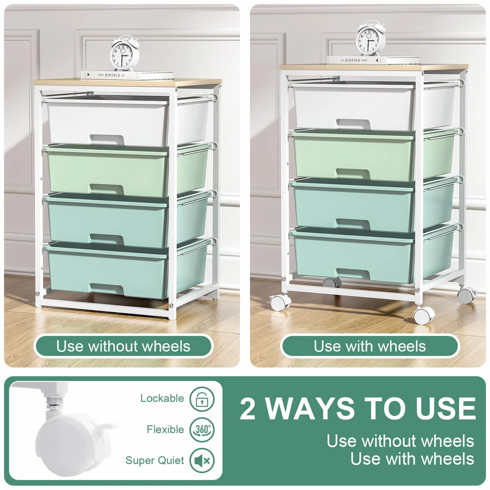 SYKIARIOL Carro con ruedas de 4 cajones, carrito de almacenamiento multiusos con ruedas con tablero de madera, carrito con ruedas para cocina, salón, dormitorio, fácil movimiento, gran capacidad,verde