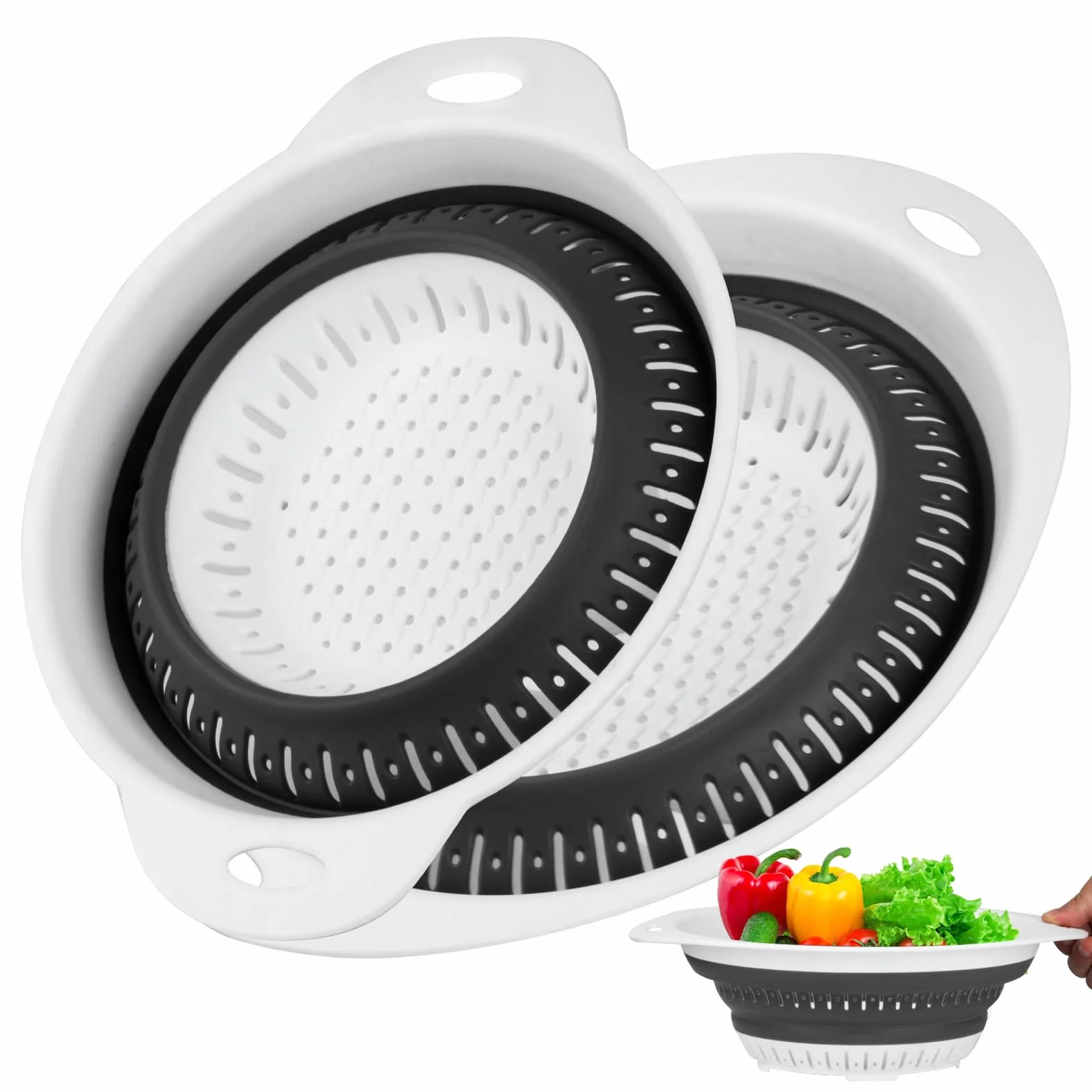 2 Piezas Colador Plegable de Cocina, Coladores de Silicona, Escurridor Plegable con Mango, Escurridor Pasta Verduras, Colador de Pasta Frutas Alimentos, Accesorios