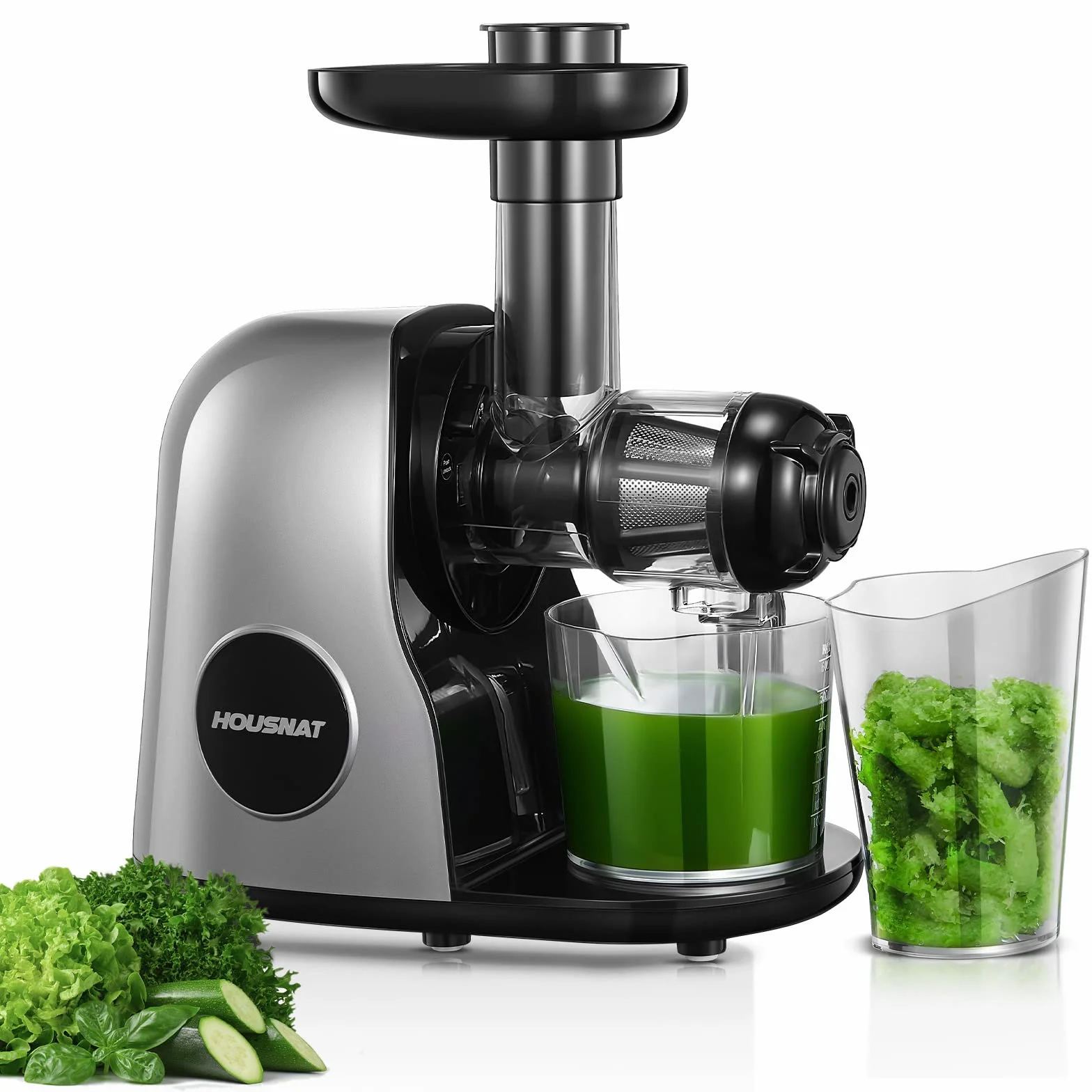 Housnat Extractor de zumos y verduras, Licuadora de Prensado en Frío con Motor Silencioso y Función Inversa, Licuadora para Verduras y Frutas Fácil de Limpiar con un Cepillo Extra, con Recetas