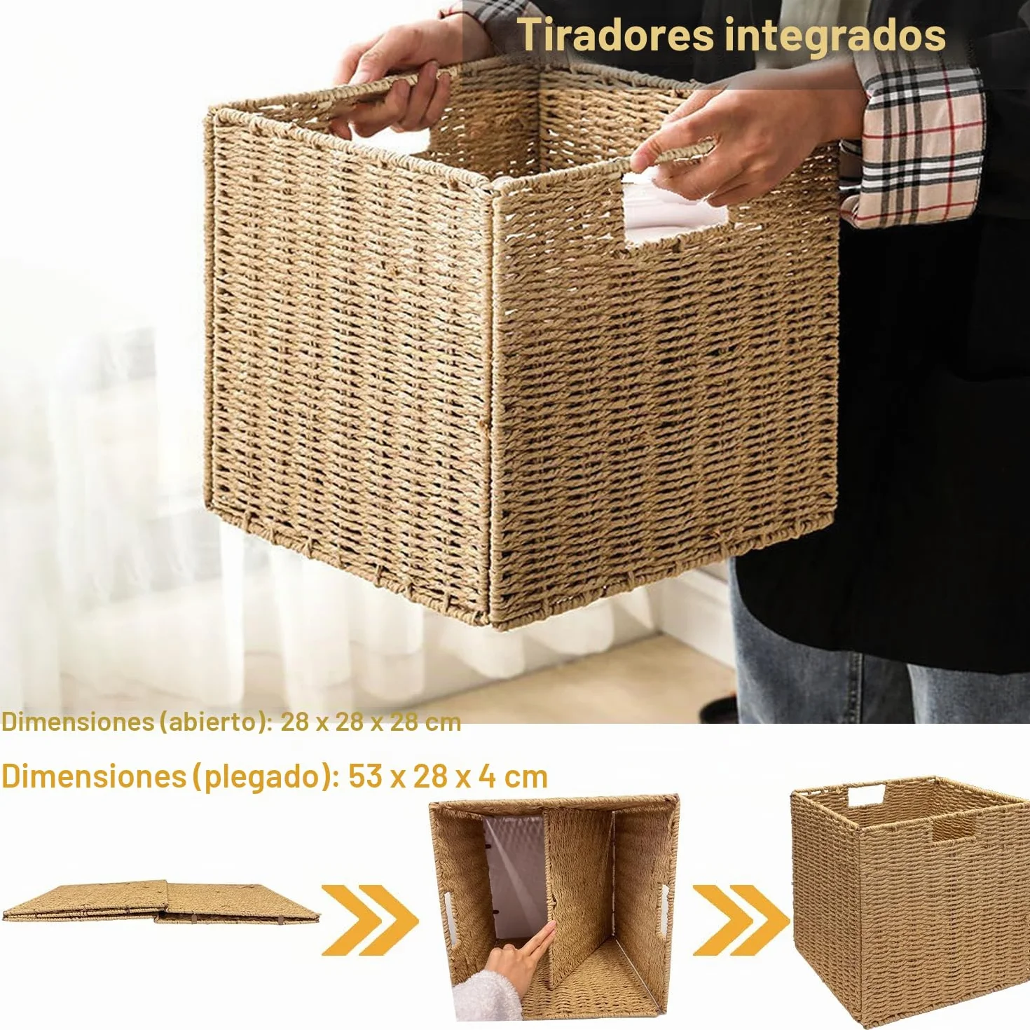 2 Cestas de Almacenaje, Cesta Mimbre Tejidas a Mano Cubo 28CM, Cesta Grande Plegable de Papel de Jacinto de Agua con Asas, Cesto Decorativo para Baño Estanterías Kallax Cocina