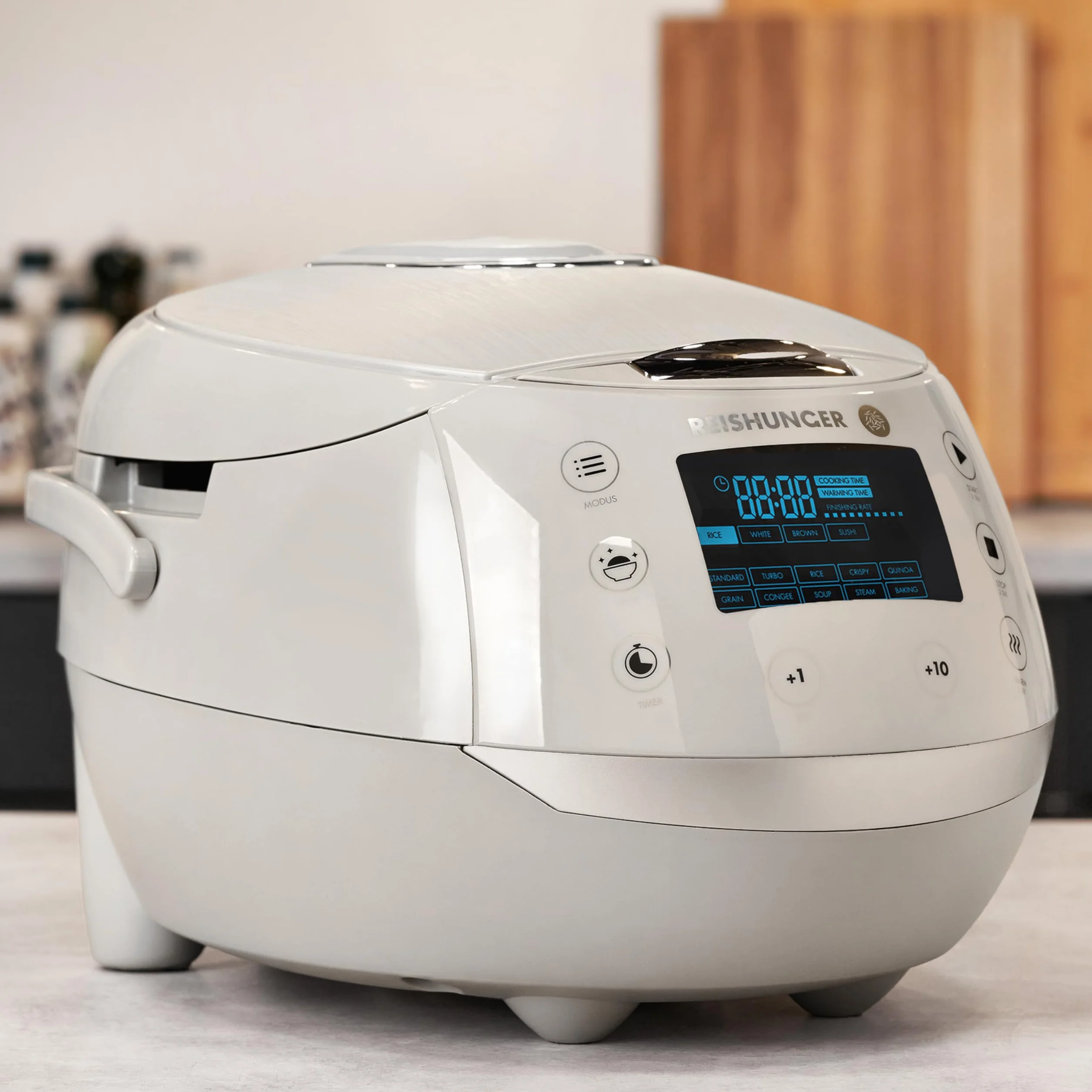 REISHUNGER Olla Arrocera Eléctrica y Vaporera – 1,5 L – Gris | hasta 8 personas – Temporizador y recipiente interior Premium – Olla multifunción, 12 programas, tecnología de 7 fases