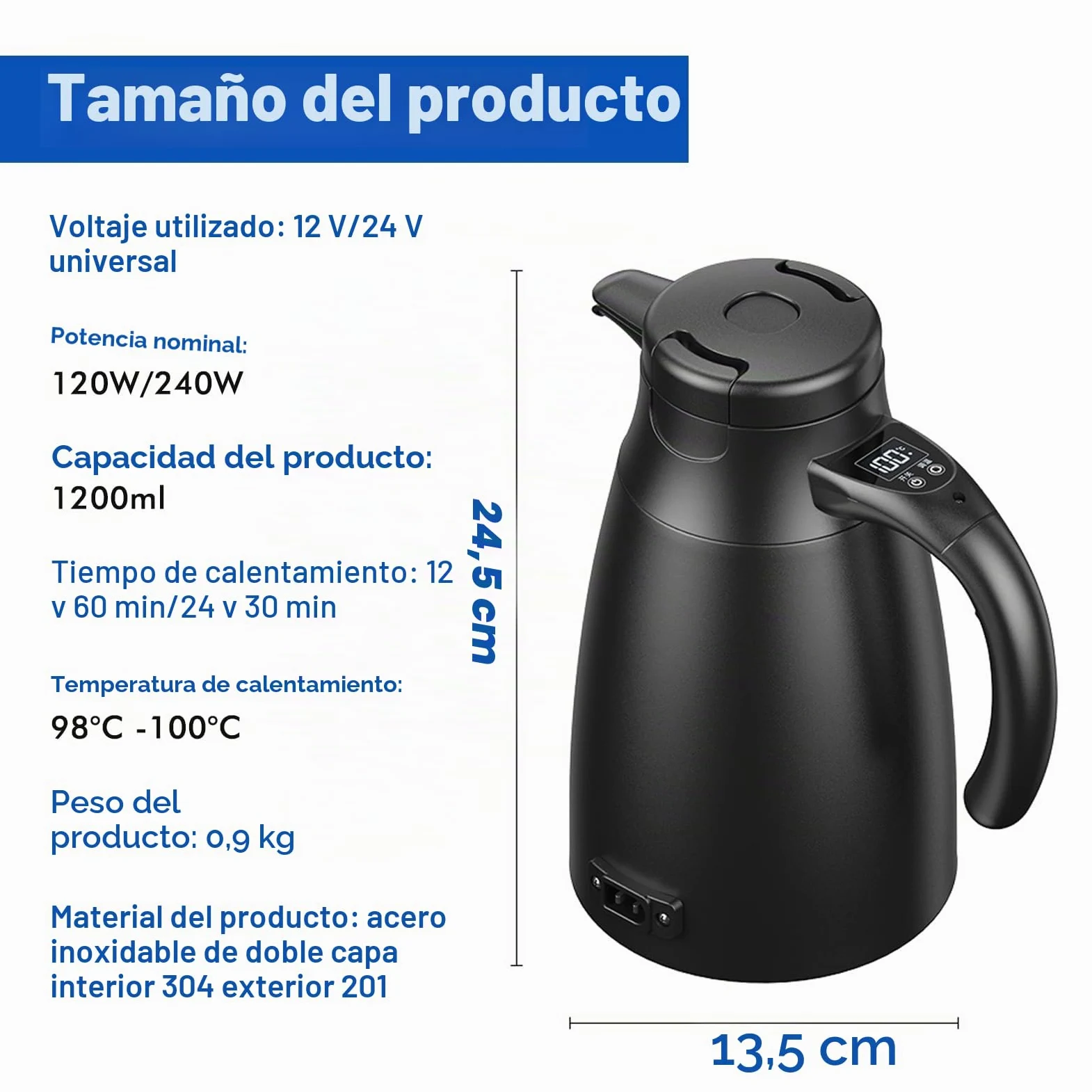 Hervidor de agua de viaje para coche, 12 V/24 V, 1,2 litros, de acero inoxidable, eléctrico, portátil, con encendedor de cigarrillos, hasta 100 ℃ con pantalla LCD para agua caliente, café, té, coche
